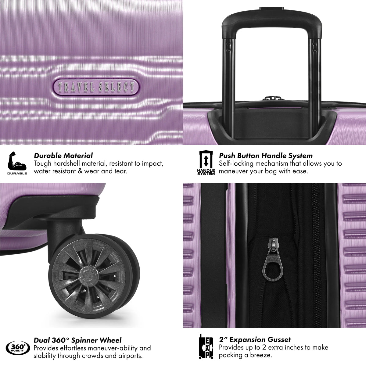 Travel Select Sunny Side Hardside Spinner Luggage with Spinner Wheels, Lavender, 26" Medium Checked
