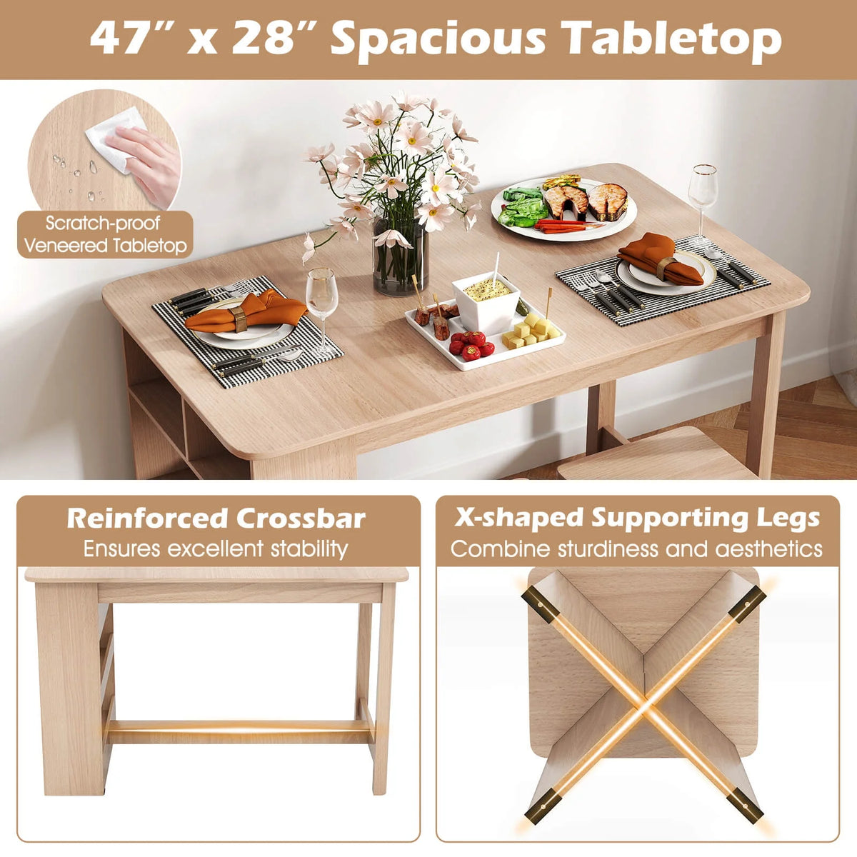 Costway 5 PCS Dining Table Set with Storage Shelf Rectangular Kitchen Table with 4 Stools Beige