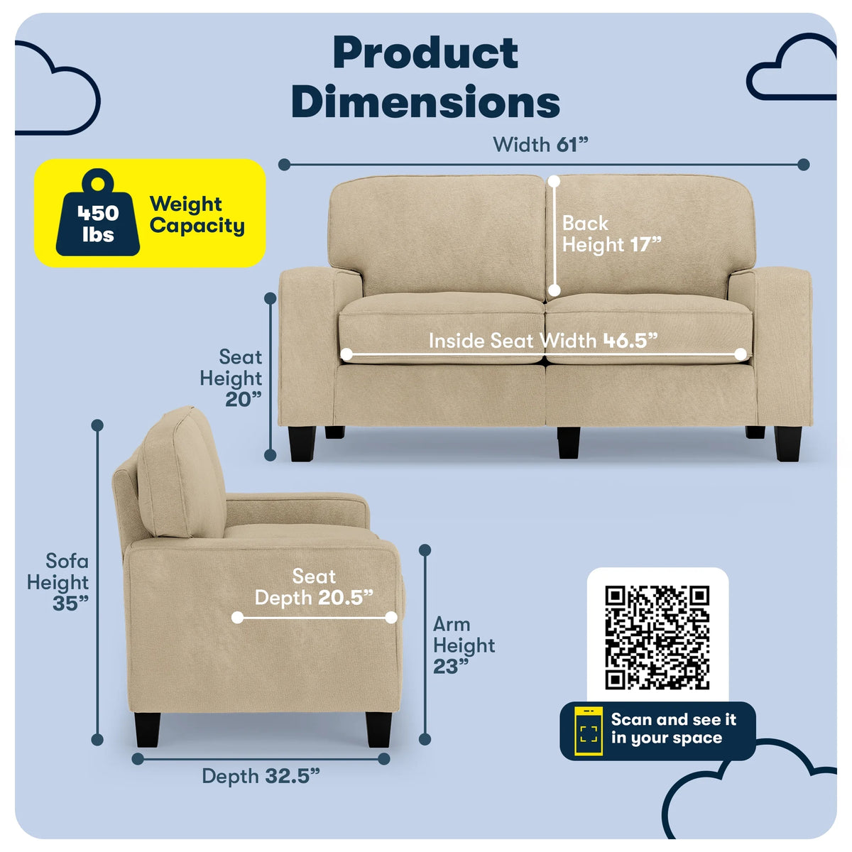 Serta Palisades 61" Track Arm Sofa Loveseat with Removable Covers Beige