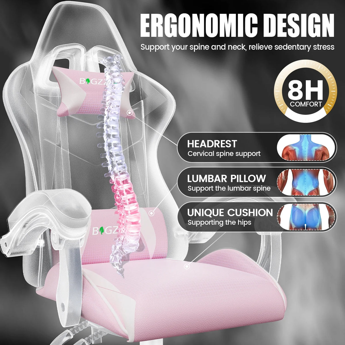 Bigzzia Gaming Chair Office Chair, Ergonomic Game Chair with Height Adjustable Headrest and Lumbar Support for Adults Teens, Black & White