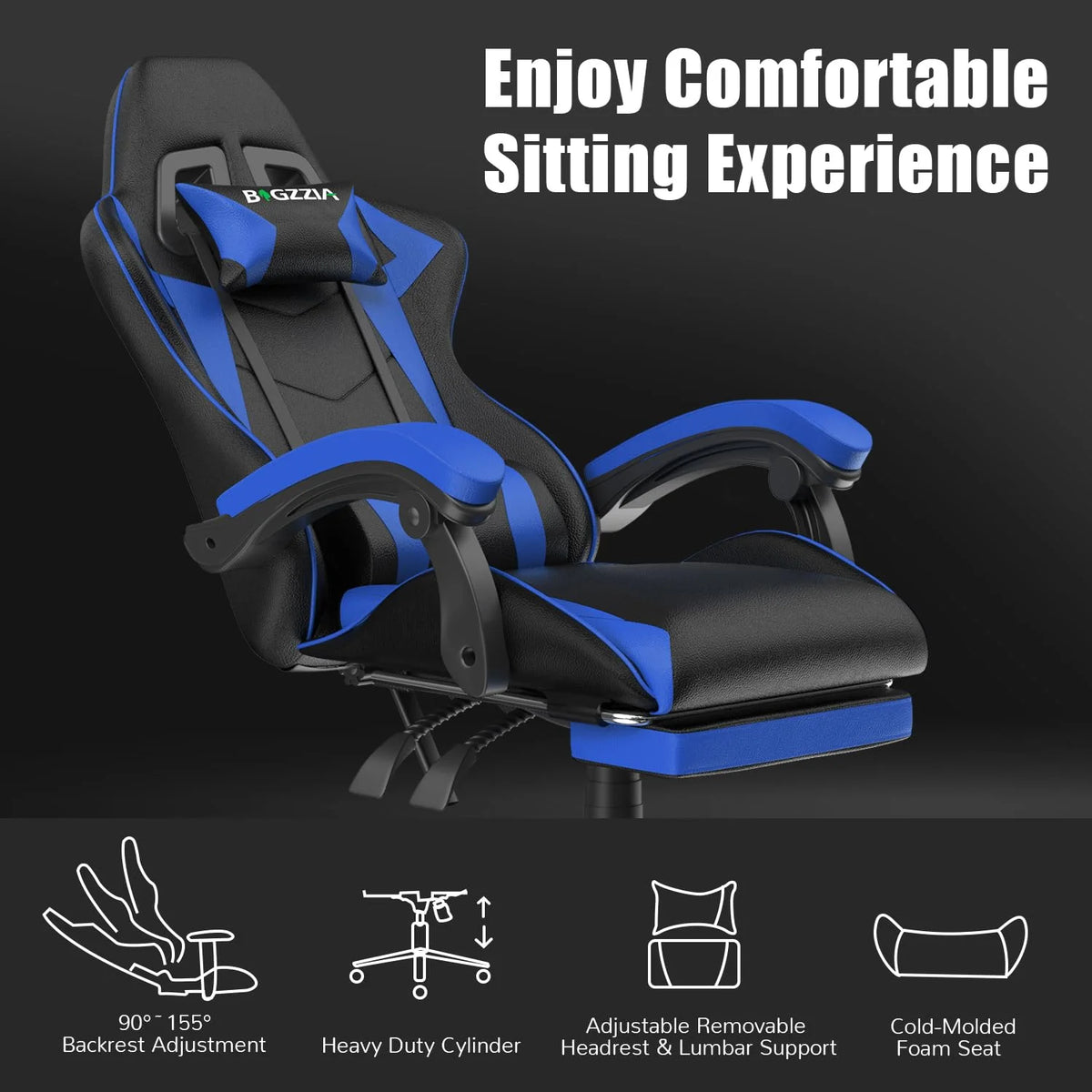 Bigzzia Gaming Chair Pu Leather Office Chair with Ergonomic Lumbar Pillow, Reclining Racing Game Chair Backrest and Seat Height Adjustable Swivel Recliner,Esports Chair with Headrest,Blue