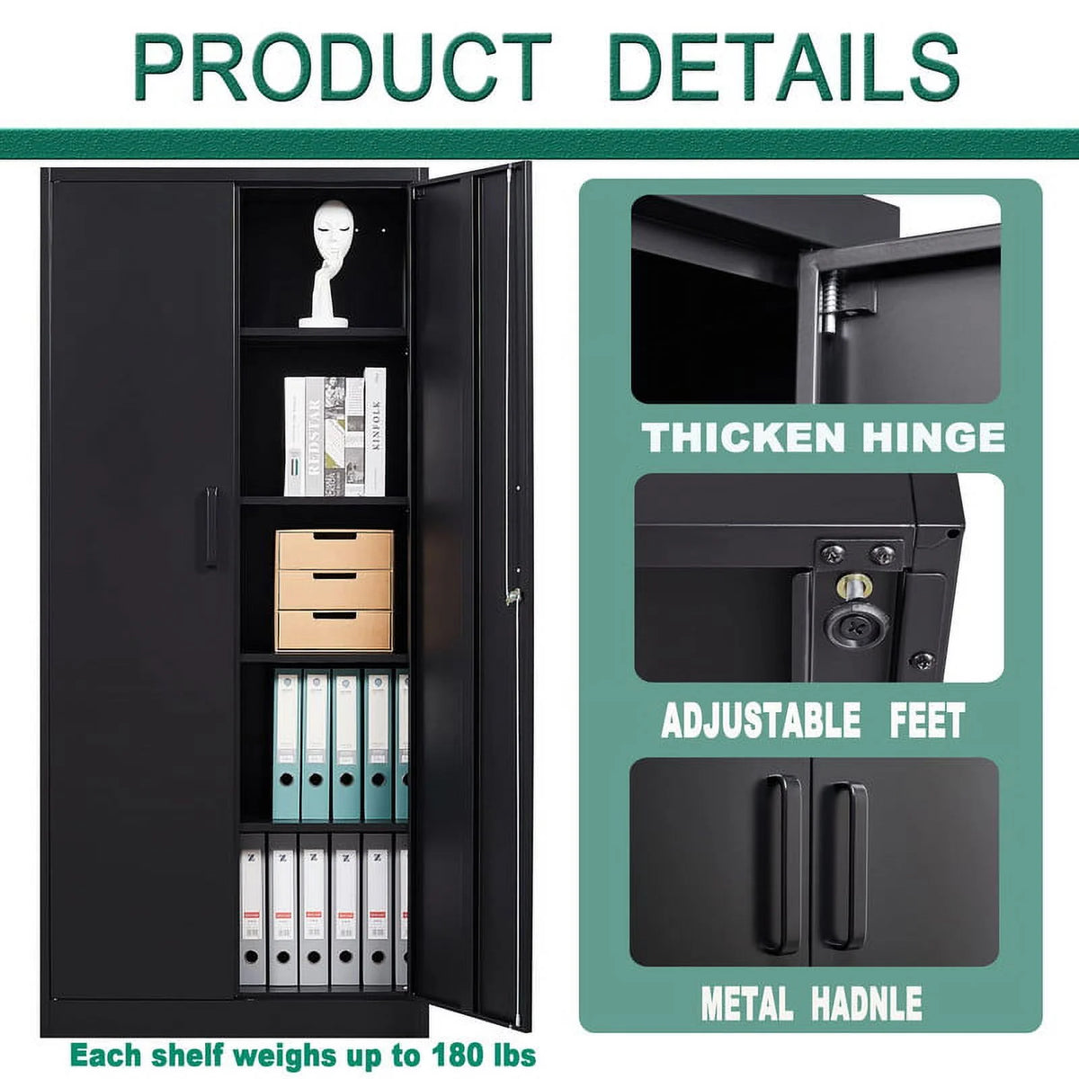MIIIKO Metal Storage Cabinet 71" Locking Metal Storage Cabinet with 5 Adjustable Shelves, Black Metal Cabinet with 2 Doors and Lock for Office, Garage, Home