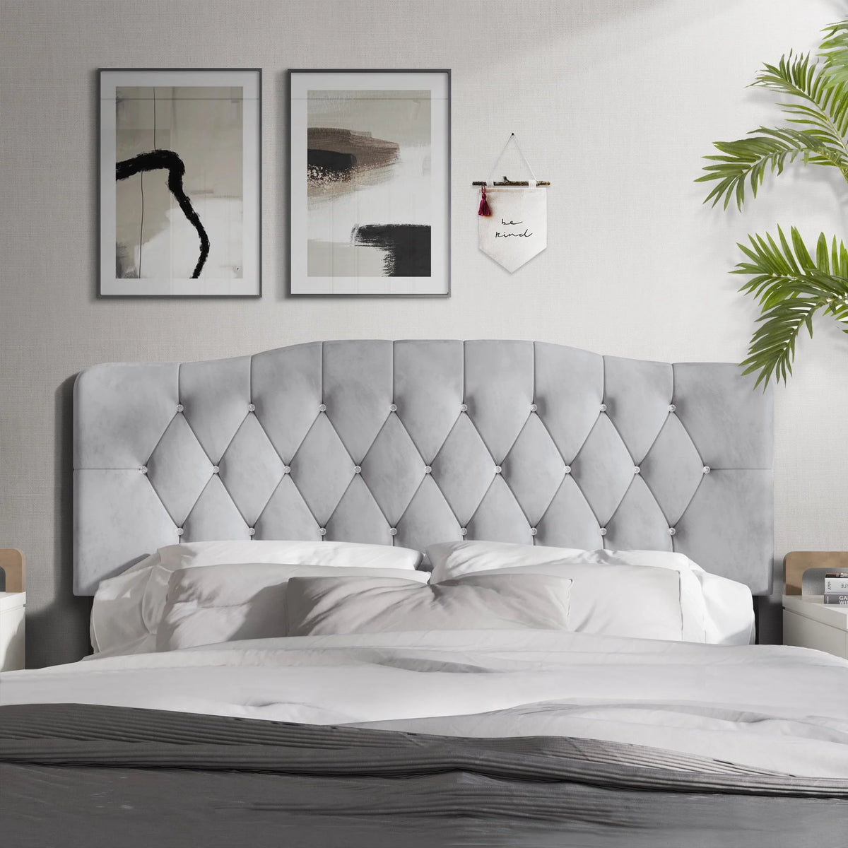 Castle Place Uphlostered Tufted Headboard, Silver Grey Velvet, King