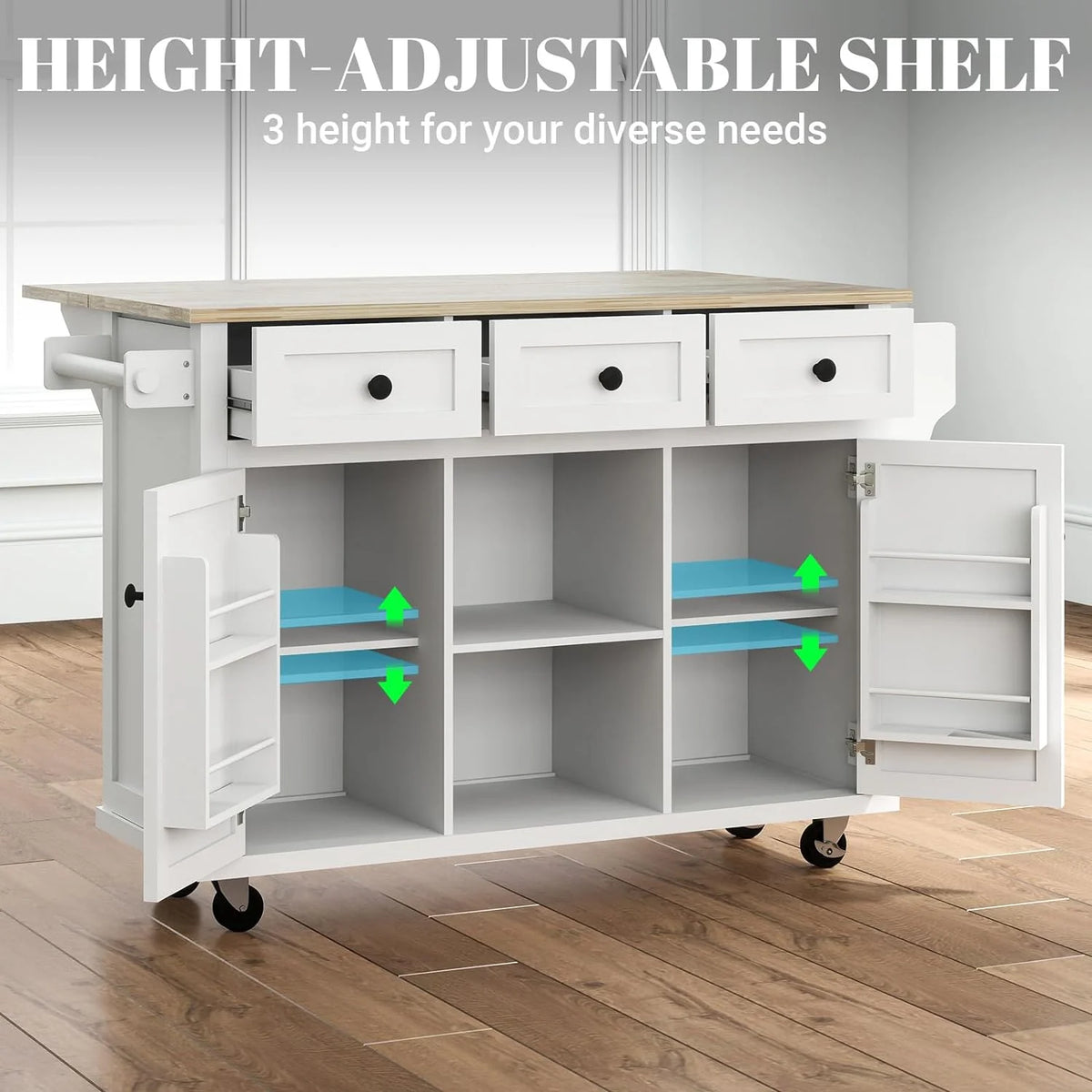 ZIVACATE Rolling Kitchen Island with Drop Leaf and Storage Large 53 in Movable Kitchen Carts White