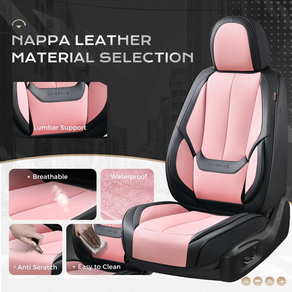 Coverado Black Front Car Seat Covers, Stylish Waterproof Premium Leather Automotive Seat Protectors, Airbag Compatible Auto Interior Accessories Universal Fit for Most Cars SUV Pick-up Trucks