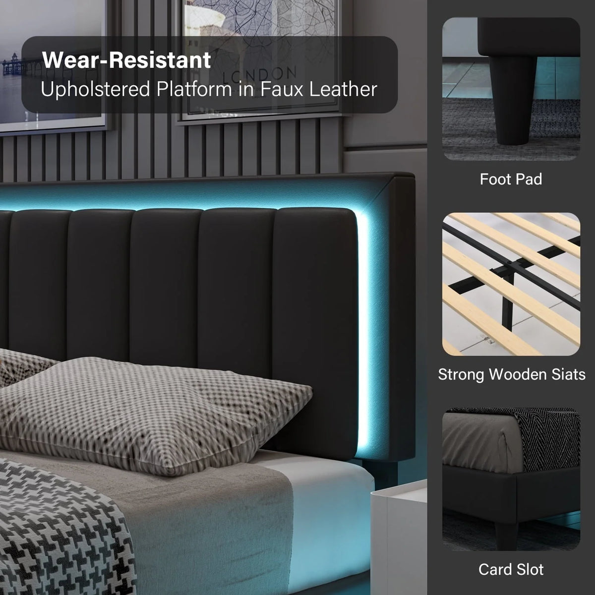 4 EVER WINNER Queen LED Bed Frame, Upholstered Bed Frame with LED Light Headboard, Black