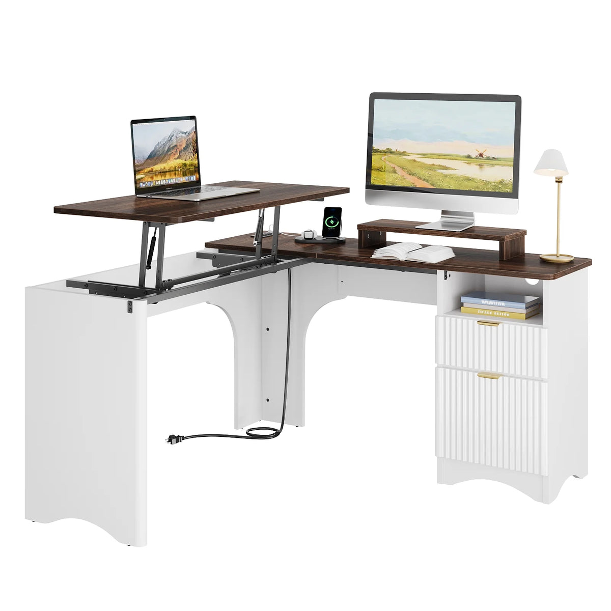 Bestier 55" L-shaped Computer PC Desk Lift Top with Power Outlets Storage Drawers and Monitor Stand, Log