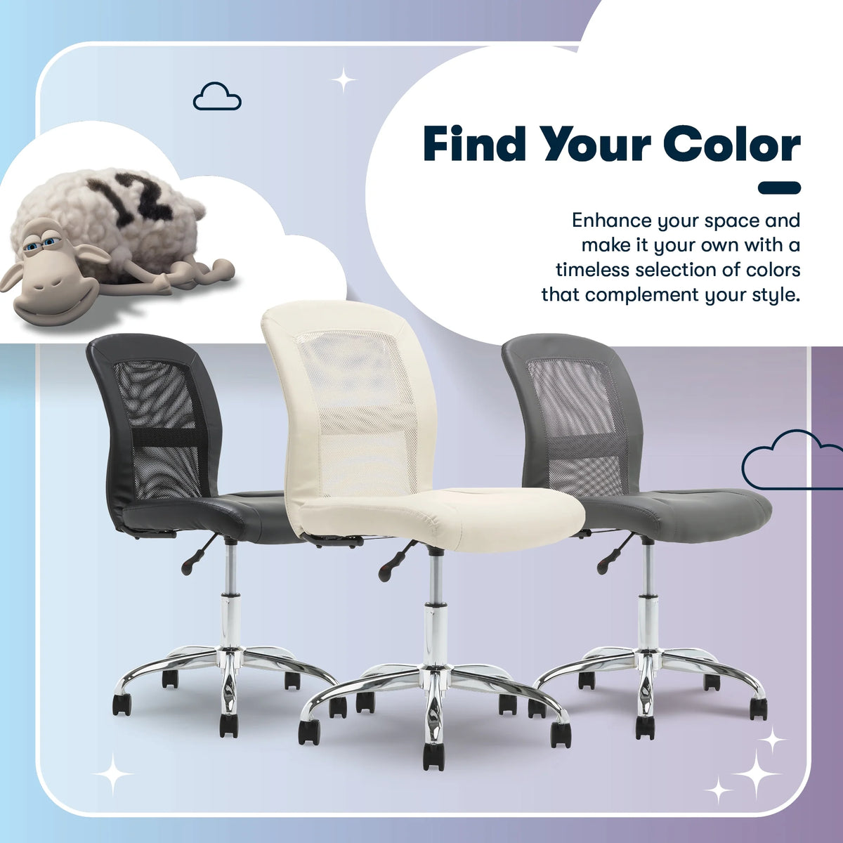 Serta Essentials Armless Task Chair, Faux Leather and Mesh, Cream