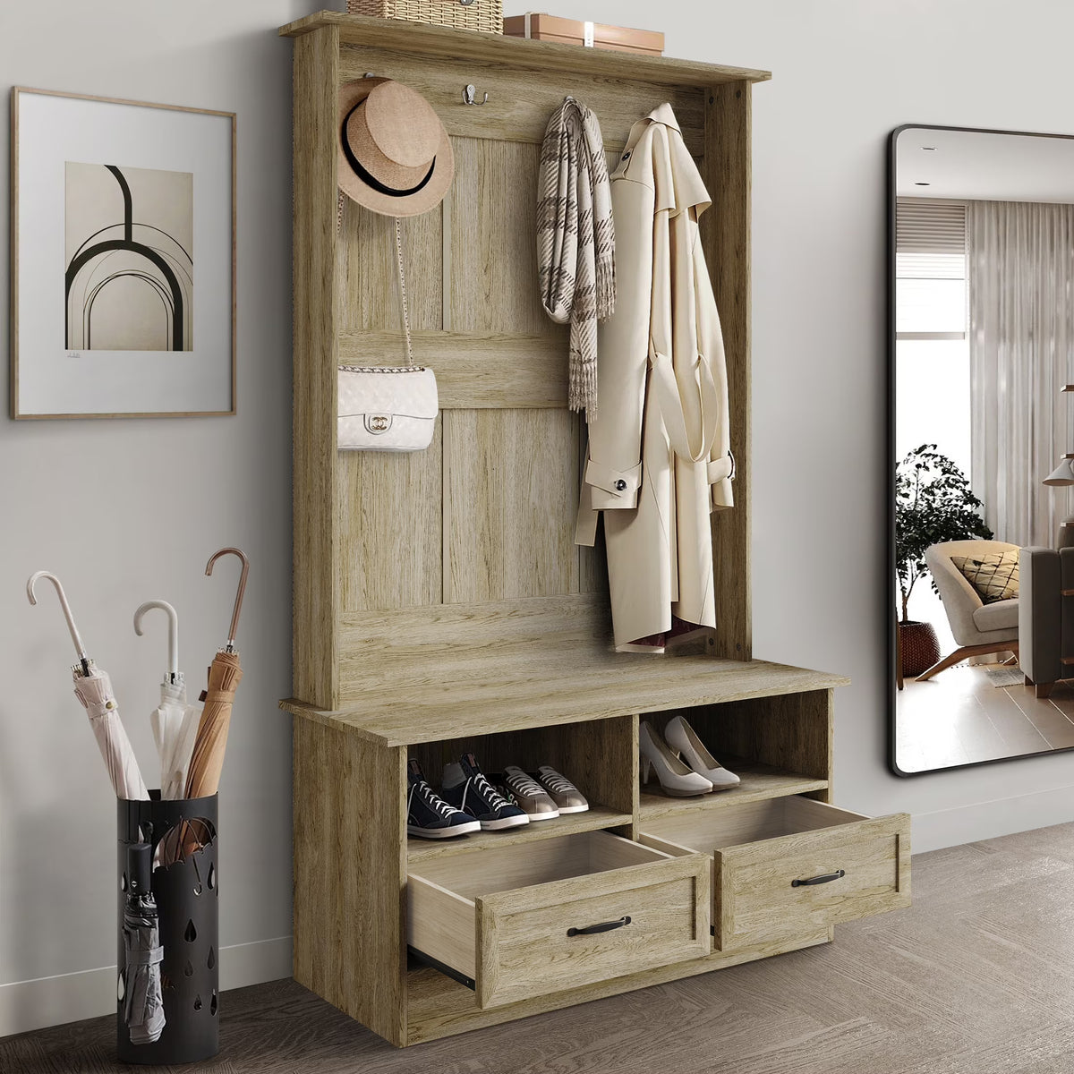 Castle Place Contemporary Hall Tree with Storage Cabinet, White