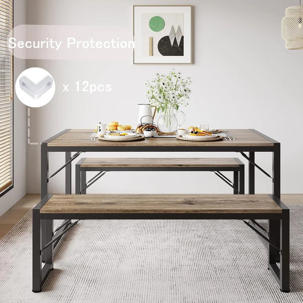 Aiho 45.5" Dining Table Set for 4 with 2 Benches for Kitchen, Dining Room - Gray