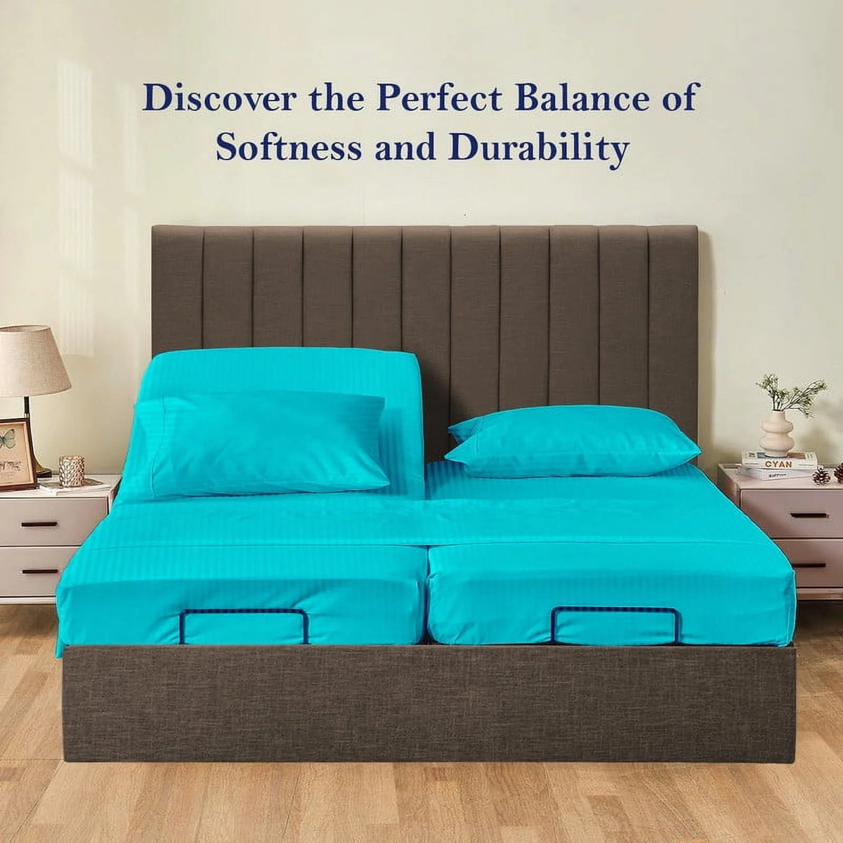 5-Piece Split Queen Sheet Set, 800 Thread Count, 100% Egyptian Cotton, Color Aqua Blue Stripe Pattern, Fits 16-Inch Deep Mattresses