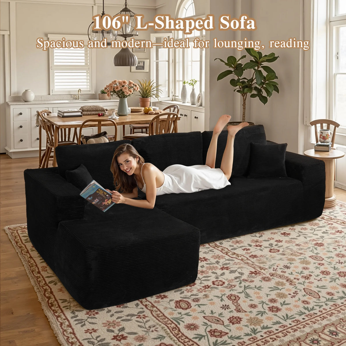 Ovios 106" L-Shaped Sectional Sofa Modern Modular Cloud Couch with Deep Seating Upholstered Sofa for Living Room Bedroom, No Assembly Required, Black(Corduroy)