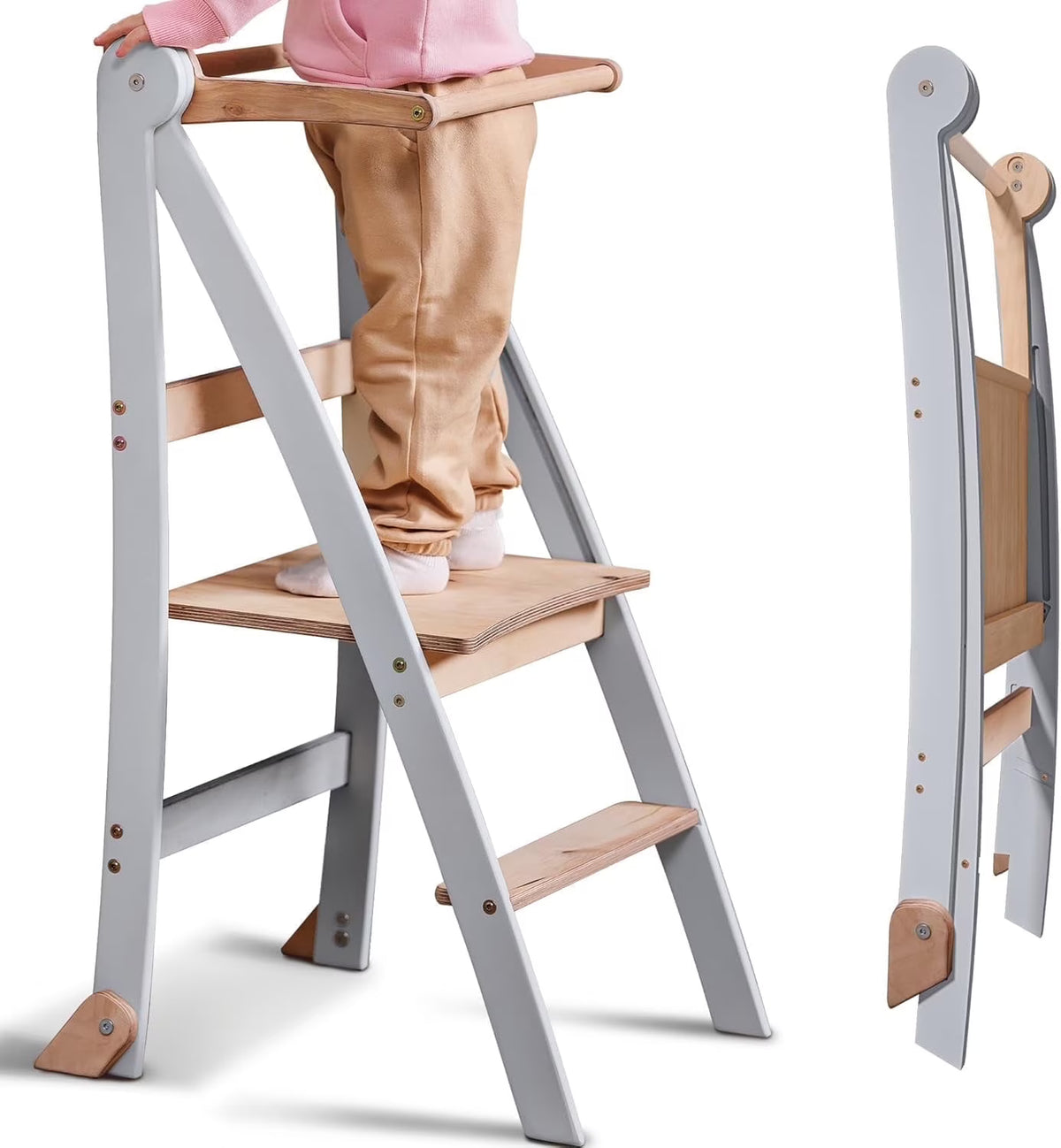 Folding Wooden Kitchen Standing Stool for Toddlers �C Safe & Compact Learning Step Stool, Ages 18 Months+