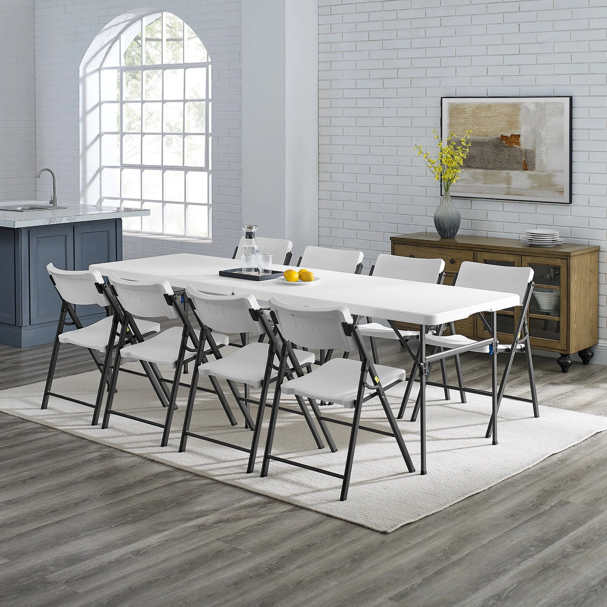 Mainstays 8 Foot Fold-in-Half Plastic Table, Indoor Outdoor, White Granite