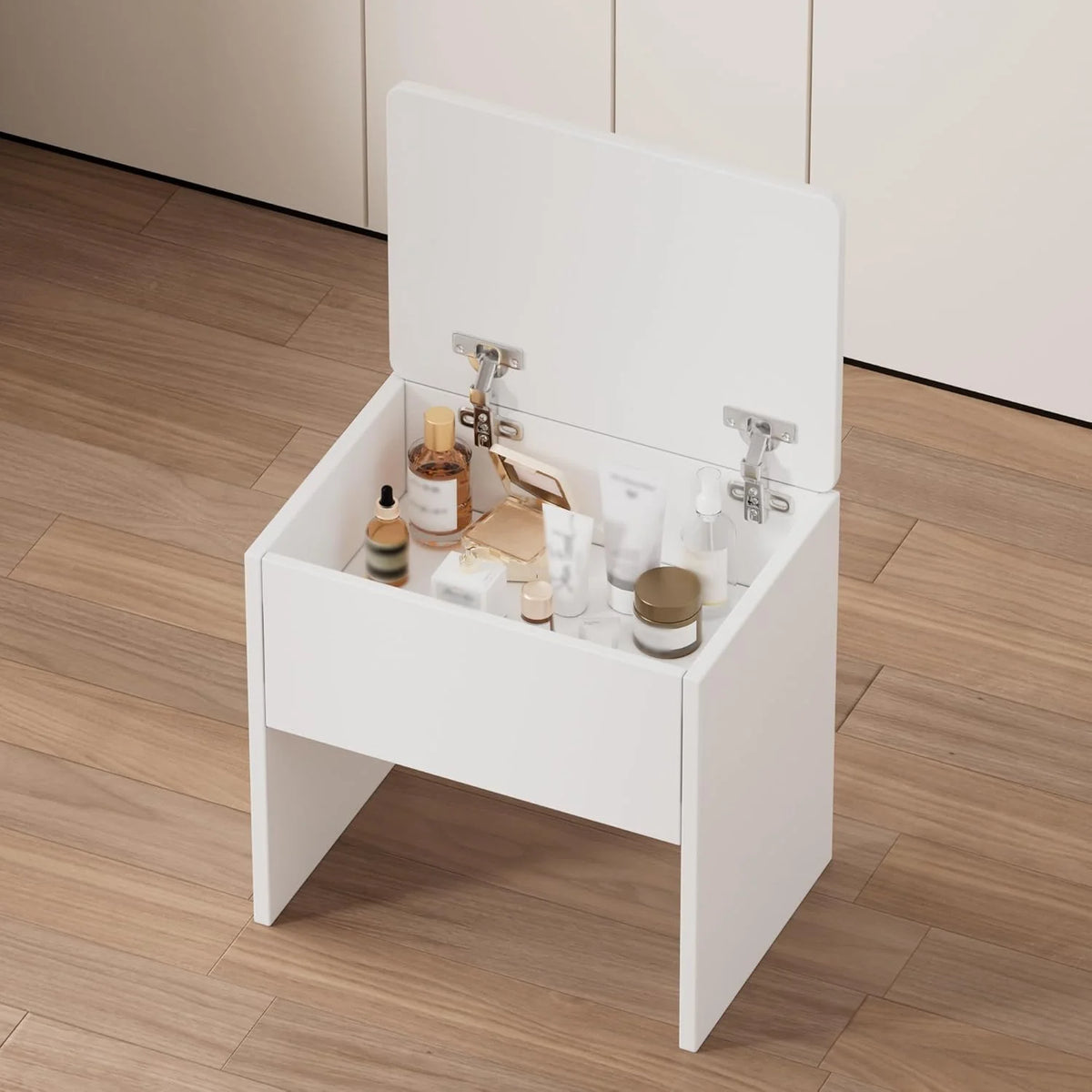 Montary Modern Mini Vanity w/Adjustable LED Mirror + Hidden Storage, Padded Stool & Dustproof Shelves (White)