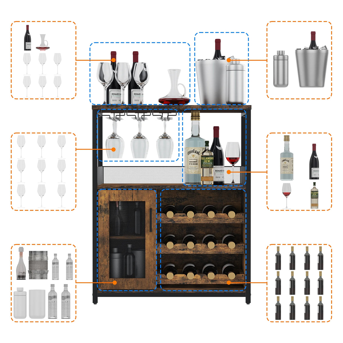 Wine Cabinet Bar Cabinet with Removable Wine Rack, Wine Cabinet and Wine Glass Bar Cabinet with Glass Rack and Mesh Door, Wine Cabinet with Reasonable Functional Partitioning