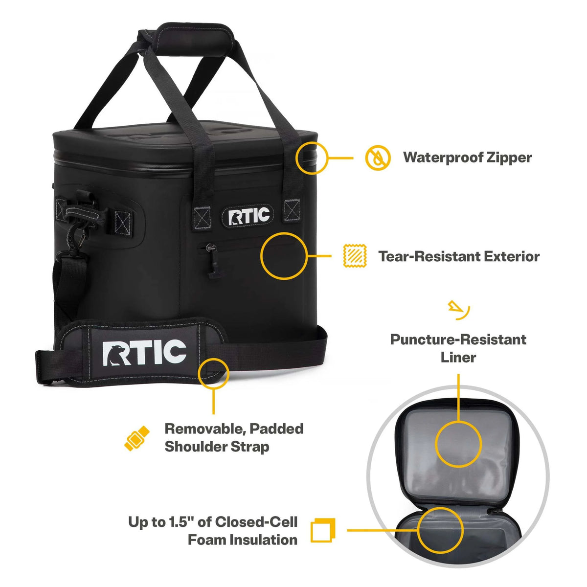 RTIC 12 Can Ultra-Tough Soft Cooler, 10 Qt, Leakproof, Waterproof Zipper,  Black