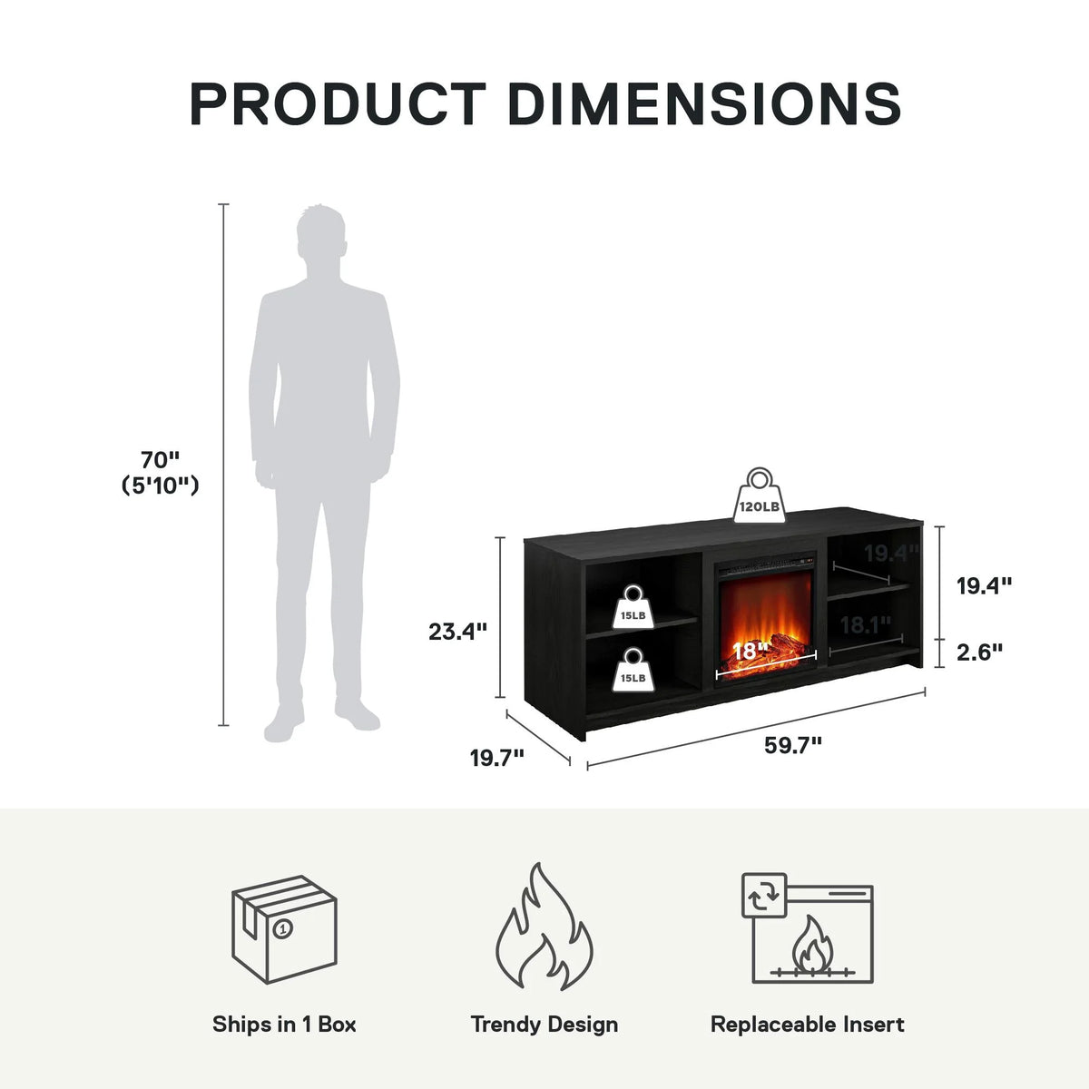 Mainstays Fireplace TV Stand for TVs up to 65", Black Oak