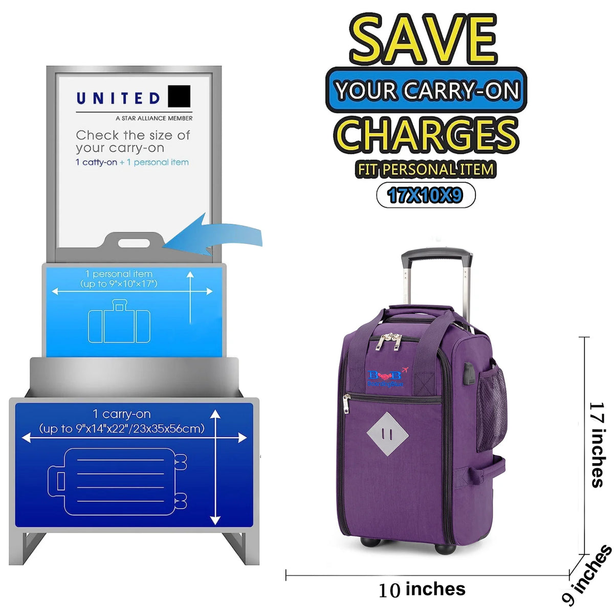 17" Rolling Personal Item Under Seat Duffel for United Airlines