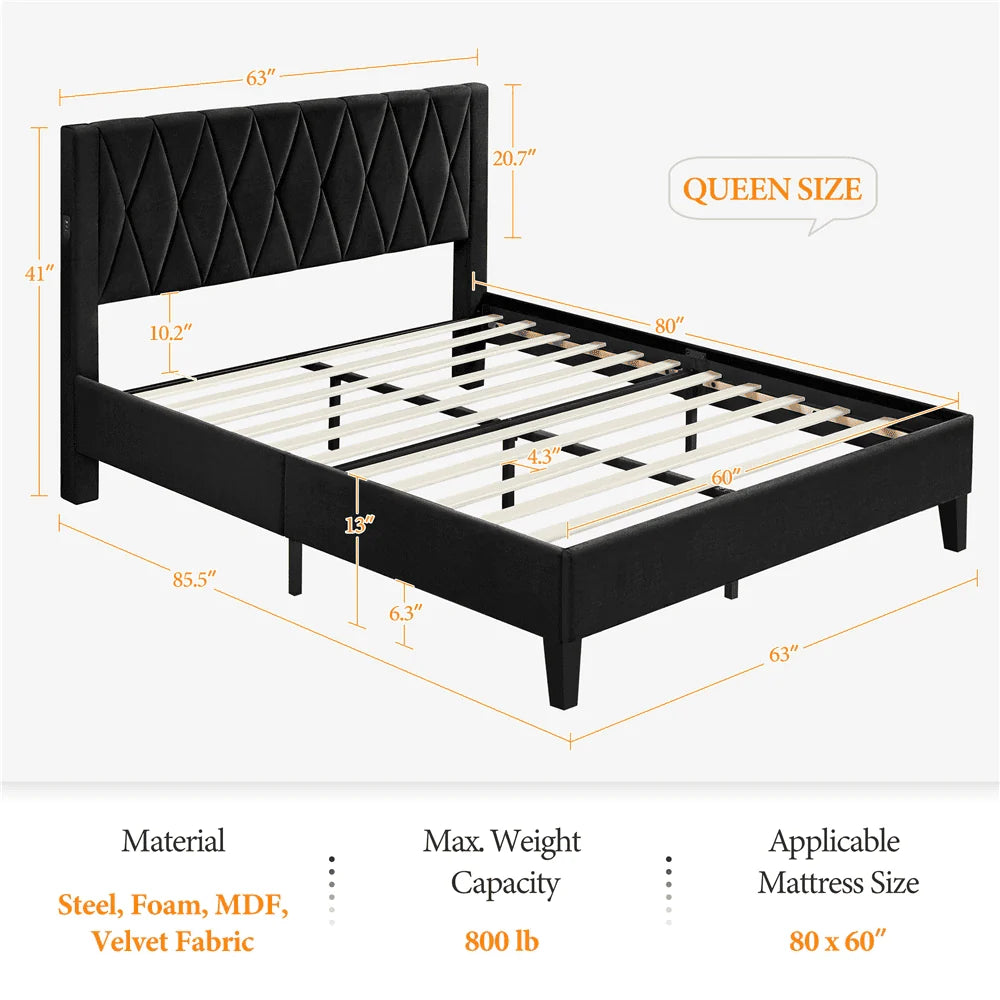 Topeakmart Queen Size Upholstered Platform Bed with Built-In USB Ports & Tufted Headboard, Black