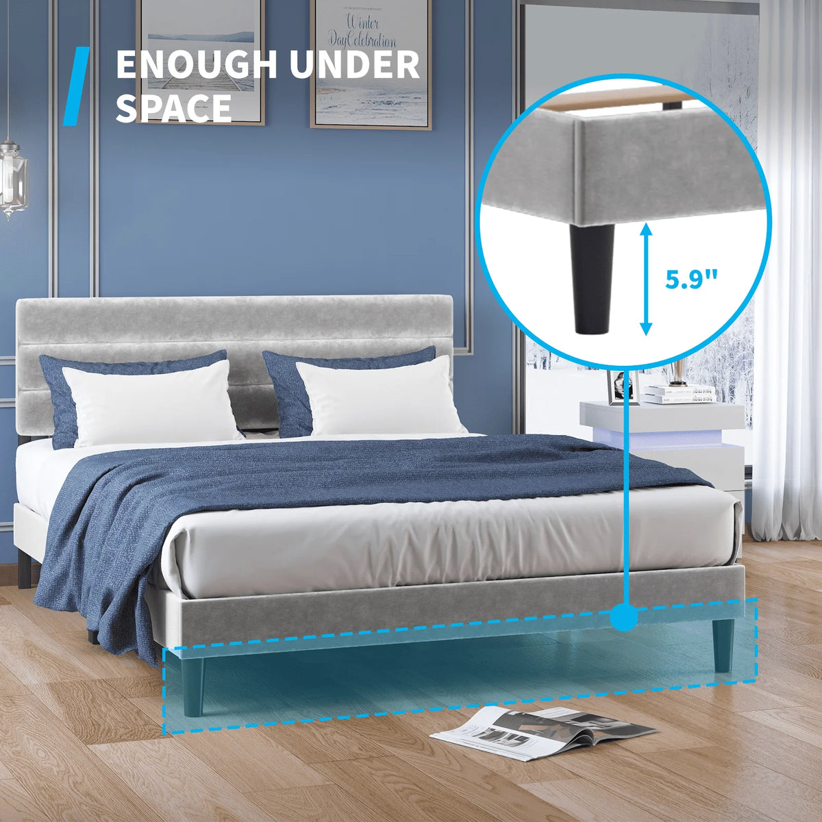MUZZ Modern Upholstered Velvet Bed Frame, Platform Bed Frame Tufted | Light Grey, Full