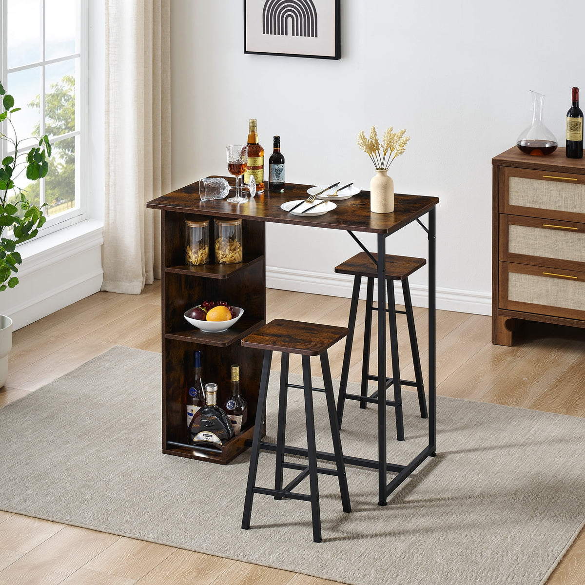 Dining Table Set, Bar Table and Chairs Set, 3-Piece Bar Table Set with Storage Drawer & Shelf, Steel Frame, Industrial, Rustic Brown, Space Saving Table for Small Apartment