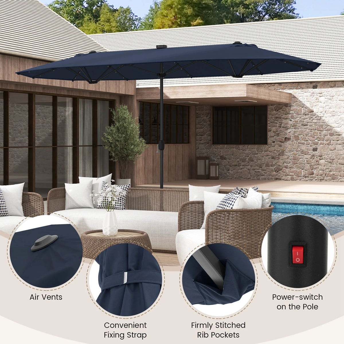 Costway 13ft Beige Rectangle Double-sided Patio Umbrella, Crank Lift