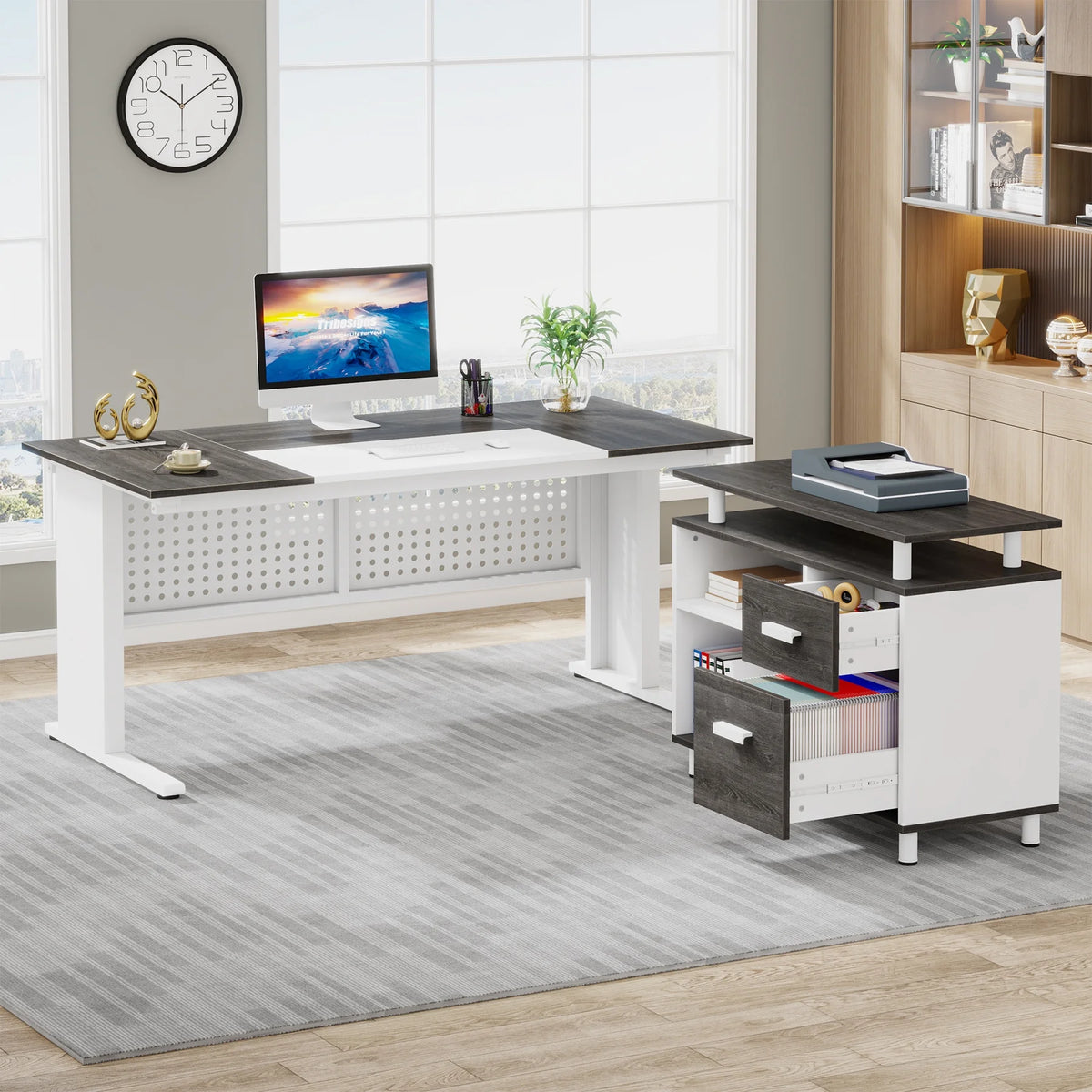 Tribesigns 63 Inch Executive Desk with File Cabinet, Large Office Desk L Shaped Computer Desk with Drawers and Storage Shelves, Business Furniture Desk Workstation for Home Office, Brown and Black