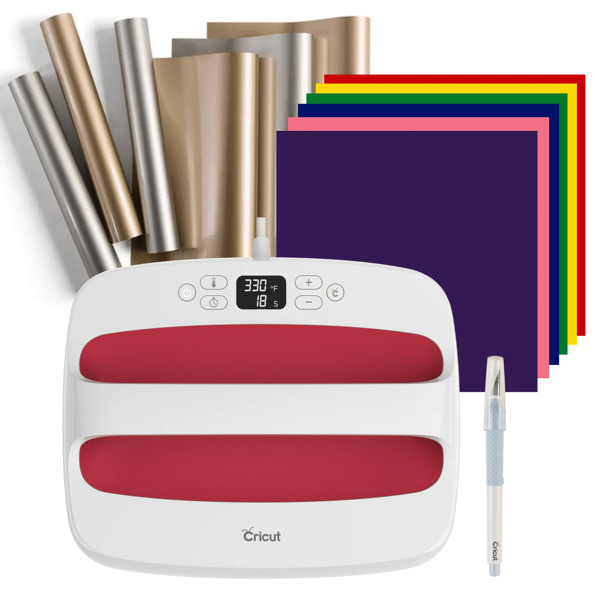 Cricut EasyPress 2 Raspberry Heat Press 12 in x 10 in –Rainbow and Metallic HTV and True Control Cutting Knife Bundle