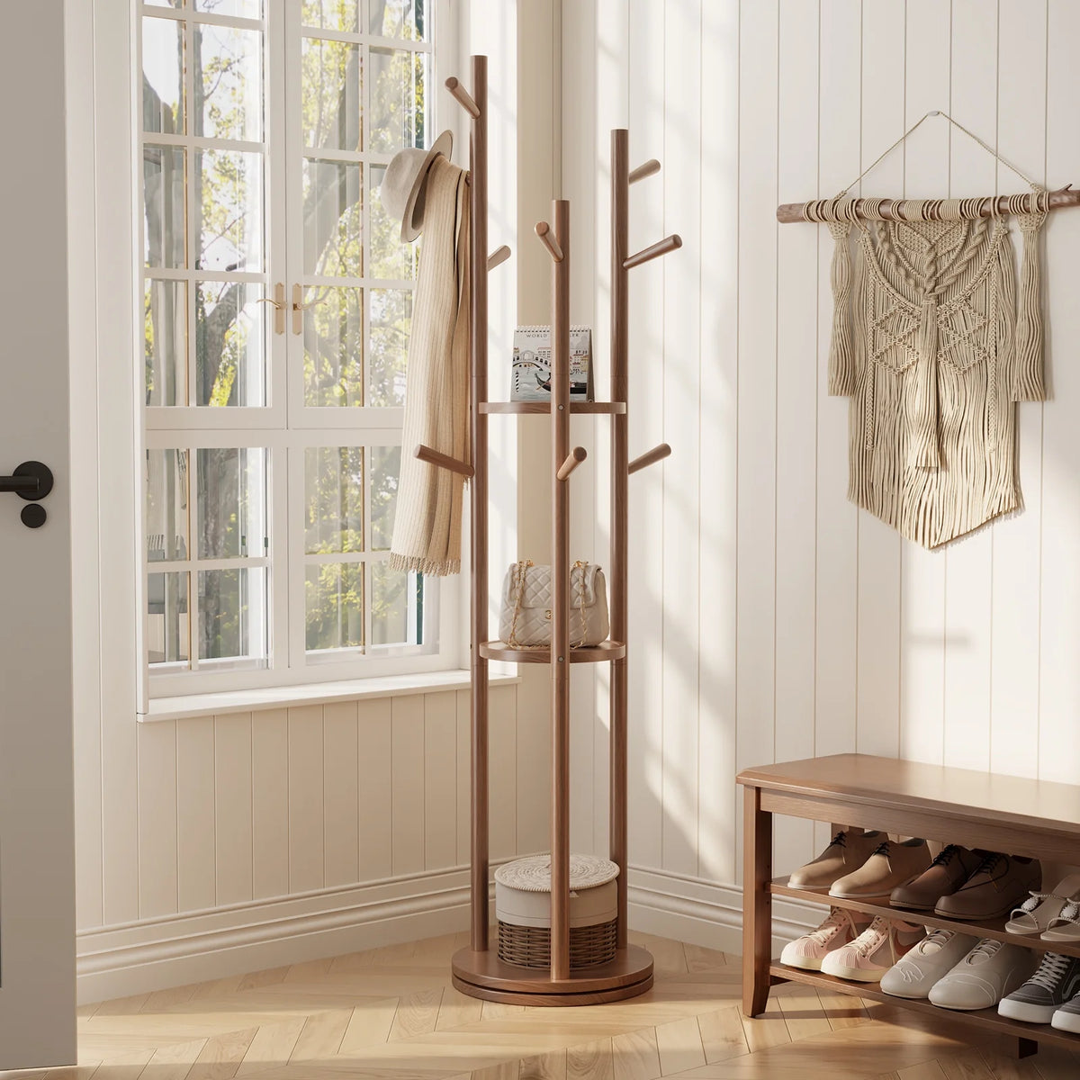KASLANDI Solid Wood Rotary Coat Rack with 3 Shelves & 9 Hooks, Freestanding Hall Tree Stand, Coat Tree for Entryway, Living Room, Walnut, Easy Assembly