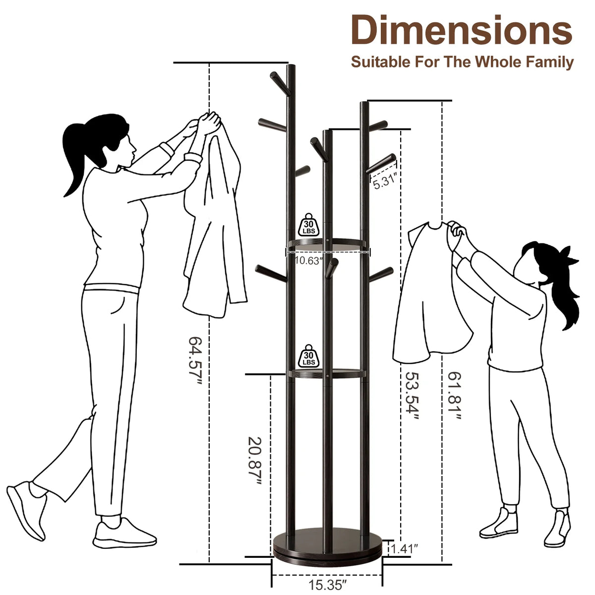 KASLANDI Solid Wood Rotary Coat Rack with 3 Shelves & 9 Hooks, Freestanding Hall Tree Stand, Coat Tree for Entryway, Living Room, Walnut, Easy Assembly