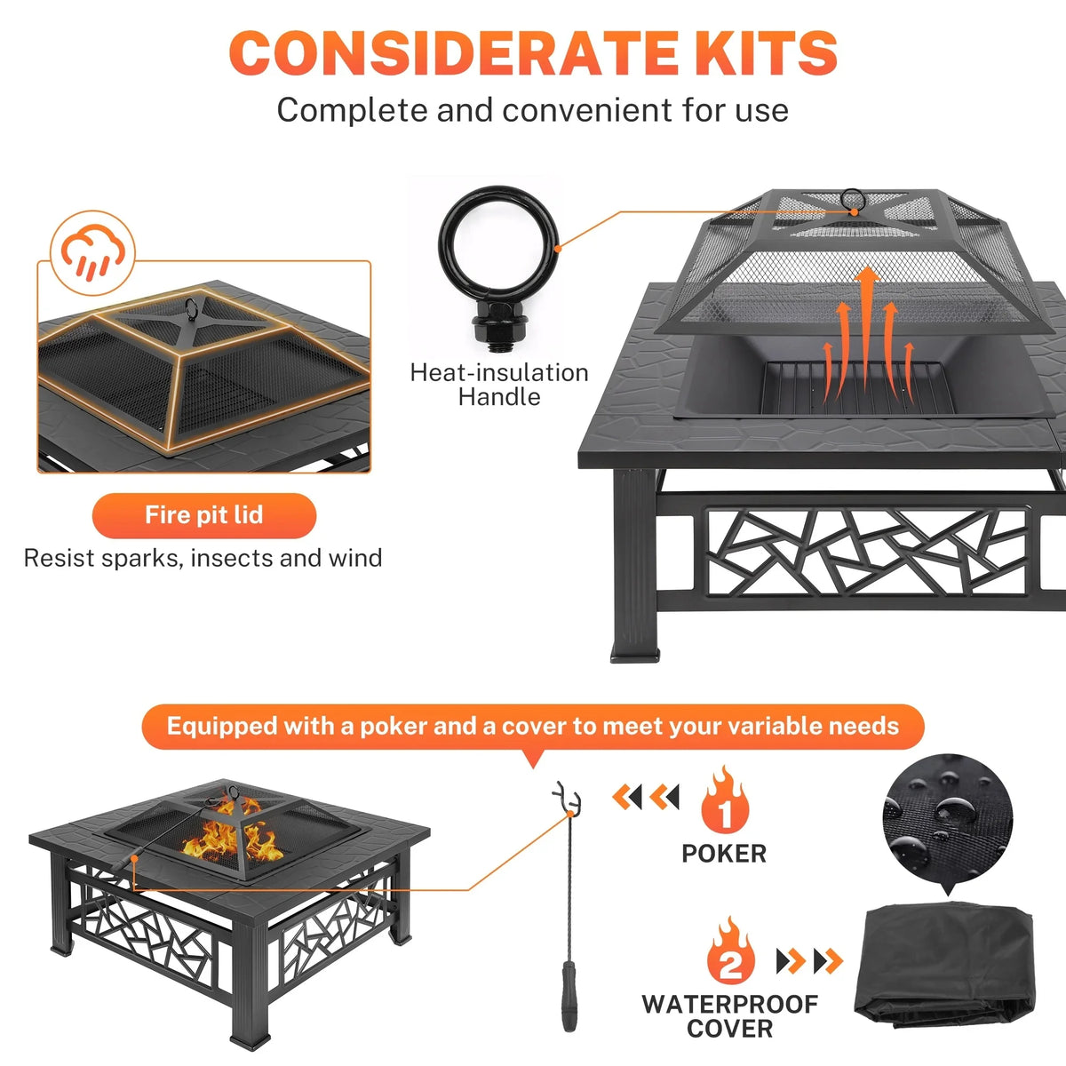32" Fire Pits for Outside, SYNGAR Wood Burning Bonfire Fire Pit Table with Mesh Lid, Grate, BBQ Grill and Poker, Outdoor Metal Square Fire Pit for BBQ, Camping, Picnics, Backyard