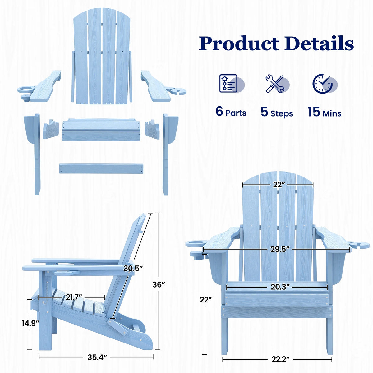 SERWALL Folding Adirondack Chair Set with Dual Cup Holders & Phone Holder, All-Weather HDPE Fire Pit Chairs for Outdoor, Patio, Poolside, Garden - Black