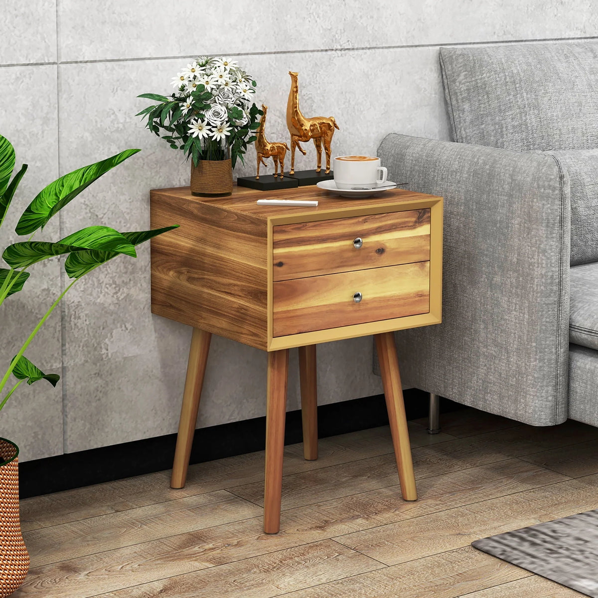 Gymax 2-Drawer Nightstand Mid-century Modern Bed Side Table w/ Storage Multipurpose End Table Brown