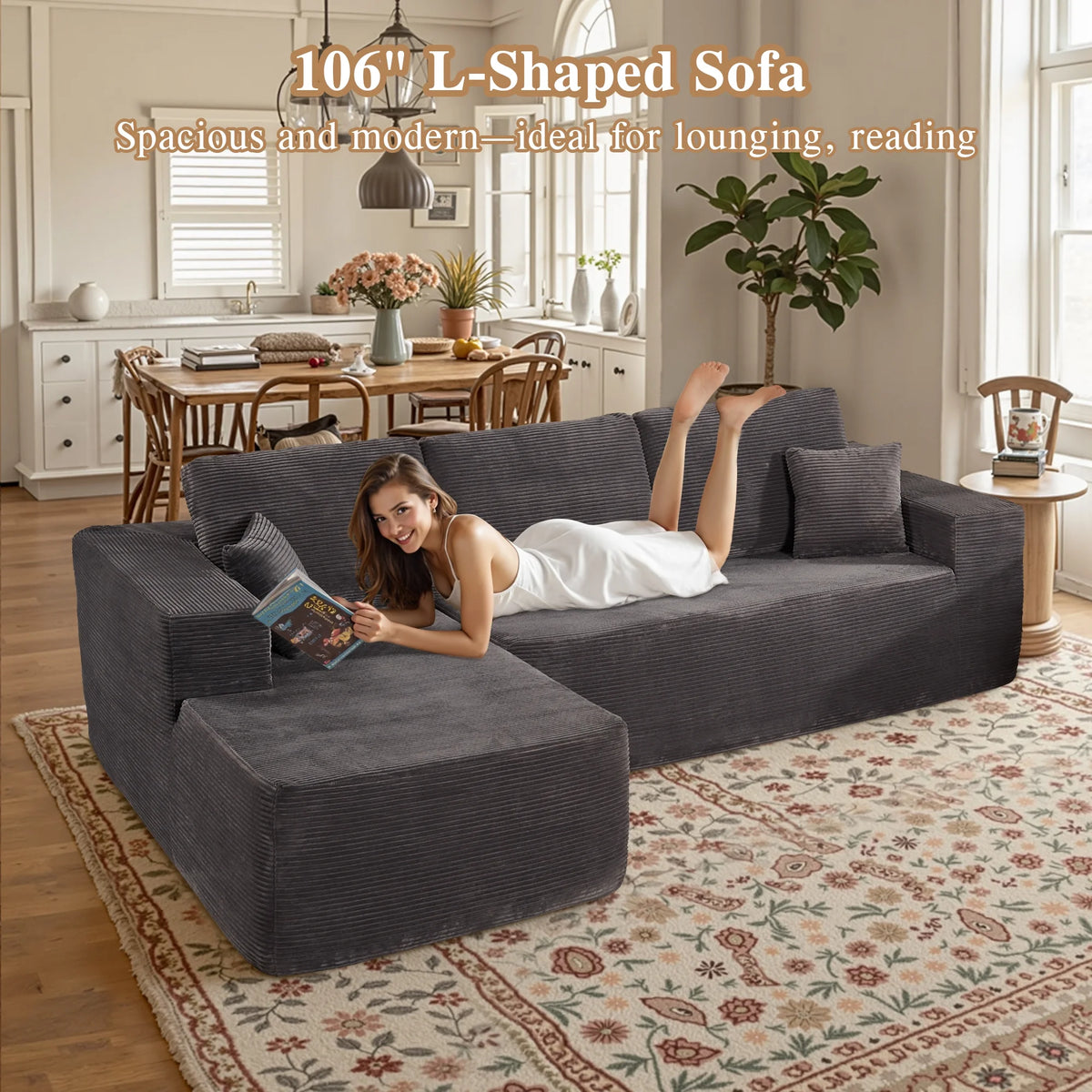 Ovios 106" L-Shaped Sectional Sofa Modern Modular Cloud Couch with Deep Seating Upholstered Sofa for Living Room Bedroom, No Assembly Required, Black(Corduroy)