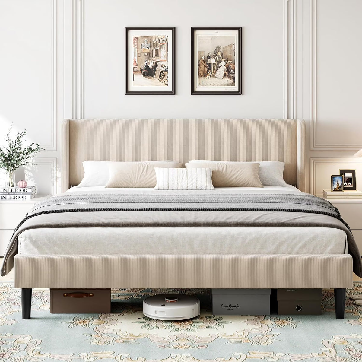 Full Size Bed Frame with Wingback Headboard,Luxurious Velvet Upholstered Platform Bed Frame with Wooden Slat Support,No Box Spring Required,Easy Assembly,Dark Gray