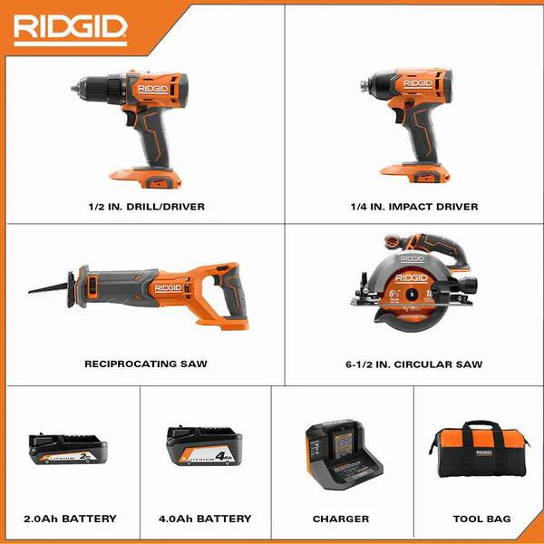 18V Cordless 4-Tool Combo Kit with 4.0 Ah Battery, 2.0 Ah Battery, Charger, Bag and 18V 4.0 Ah Battery