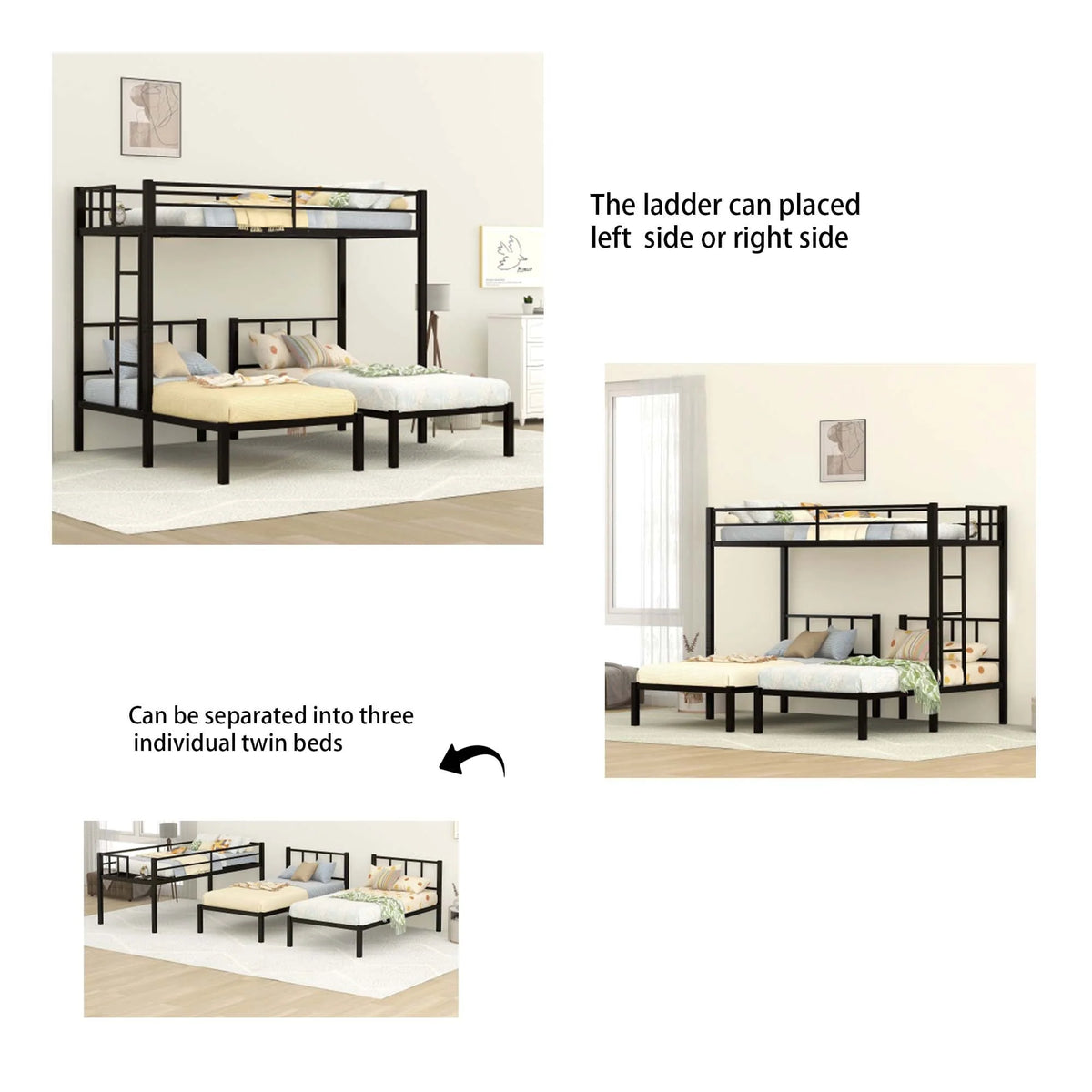 Jump Into Fun Triple Bunk Bed, Metal Twin over Twin and Twin Bunk Bed with Ladder, Full-Length Guardrail, 3 Beds Bunk Bed Can Convertible into 3 Twin Beds for Kids, Teens, Adults, Noise Free, Black