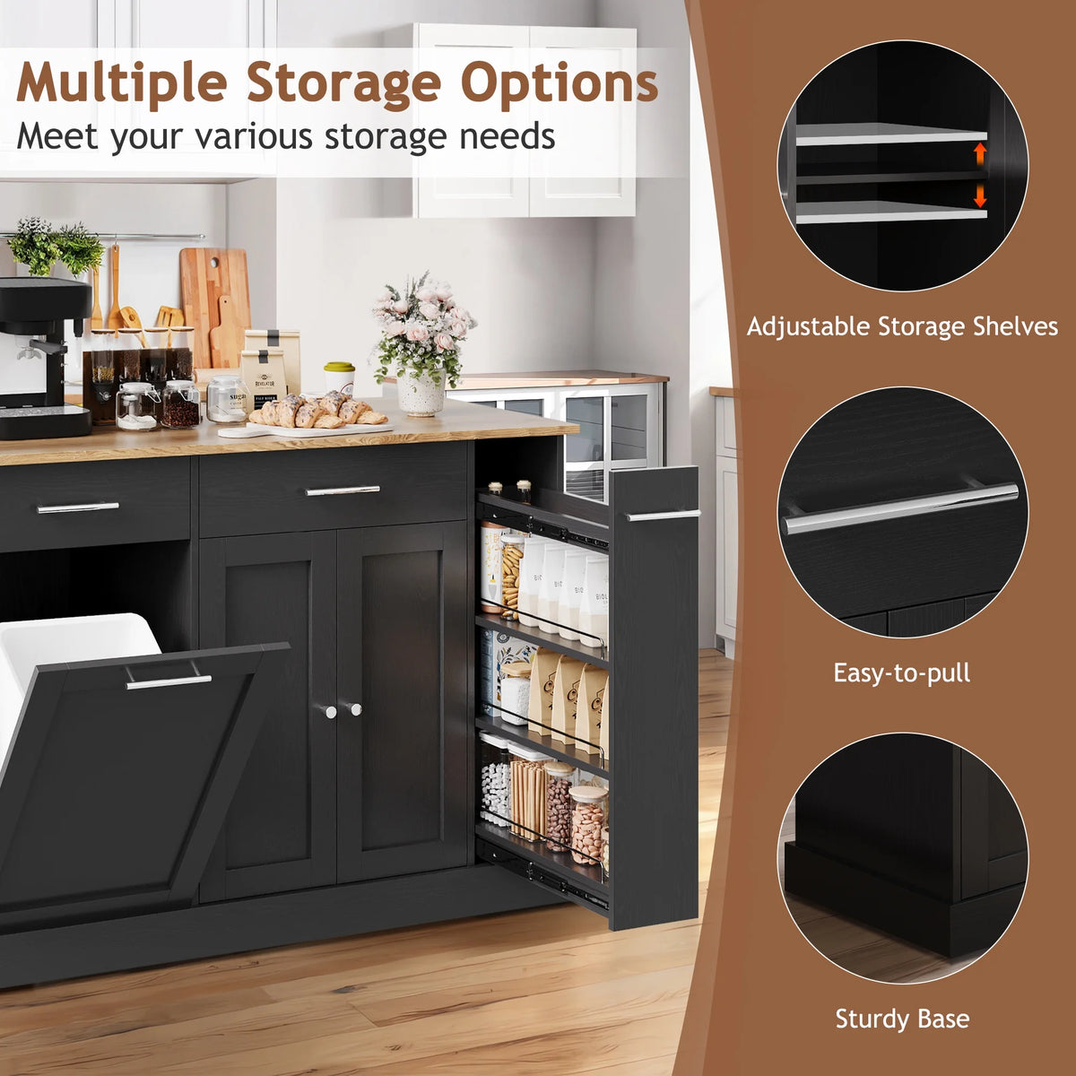 DreamCurship 52" Kitchen Island with Storage, Rolling Kitchen Cart Island with Wheels, Tilt Out Kitchen Trash Cabinet 10 Gallon Storage, 3 Large Spice Racks and 2 Drawers, White