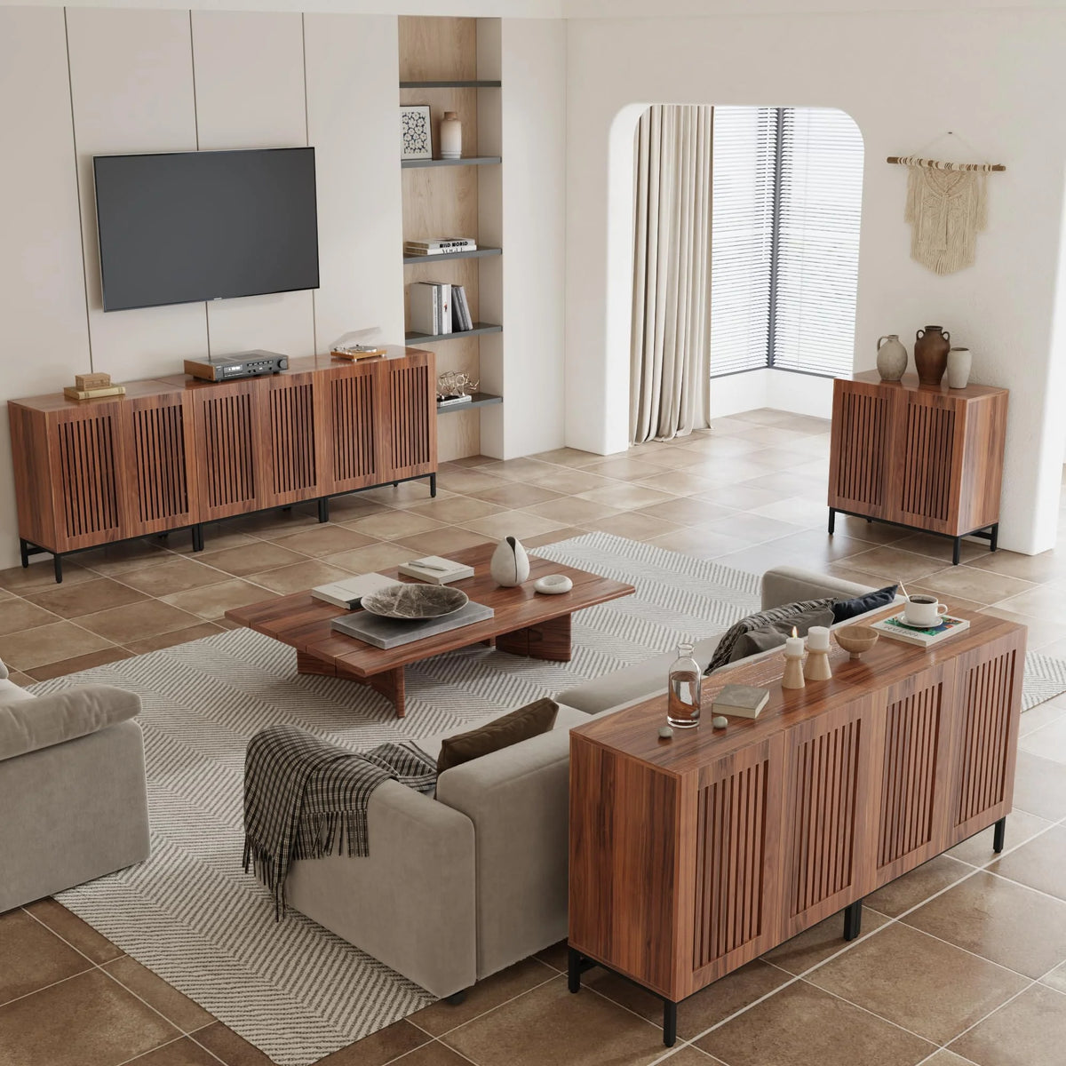 JOMEED Buffet Sideboard Cabinet with Louvered Doors & Adjustable Shelf, Wood Storage Cabinet for Kitchen, Dining Room, Living Room, Entryway Walnut