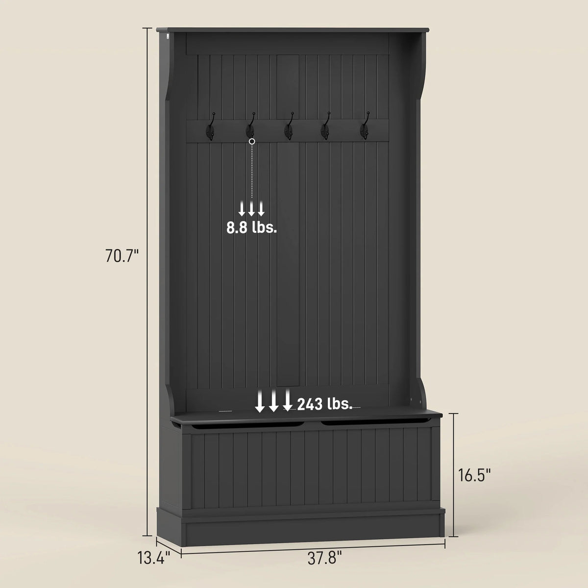 HOMCOM 3-In-1 Hall Tree Storage Bench and Coat Rack with Hooks Black
