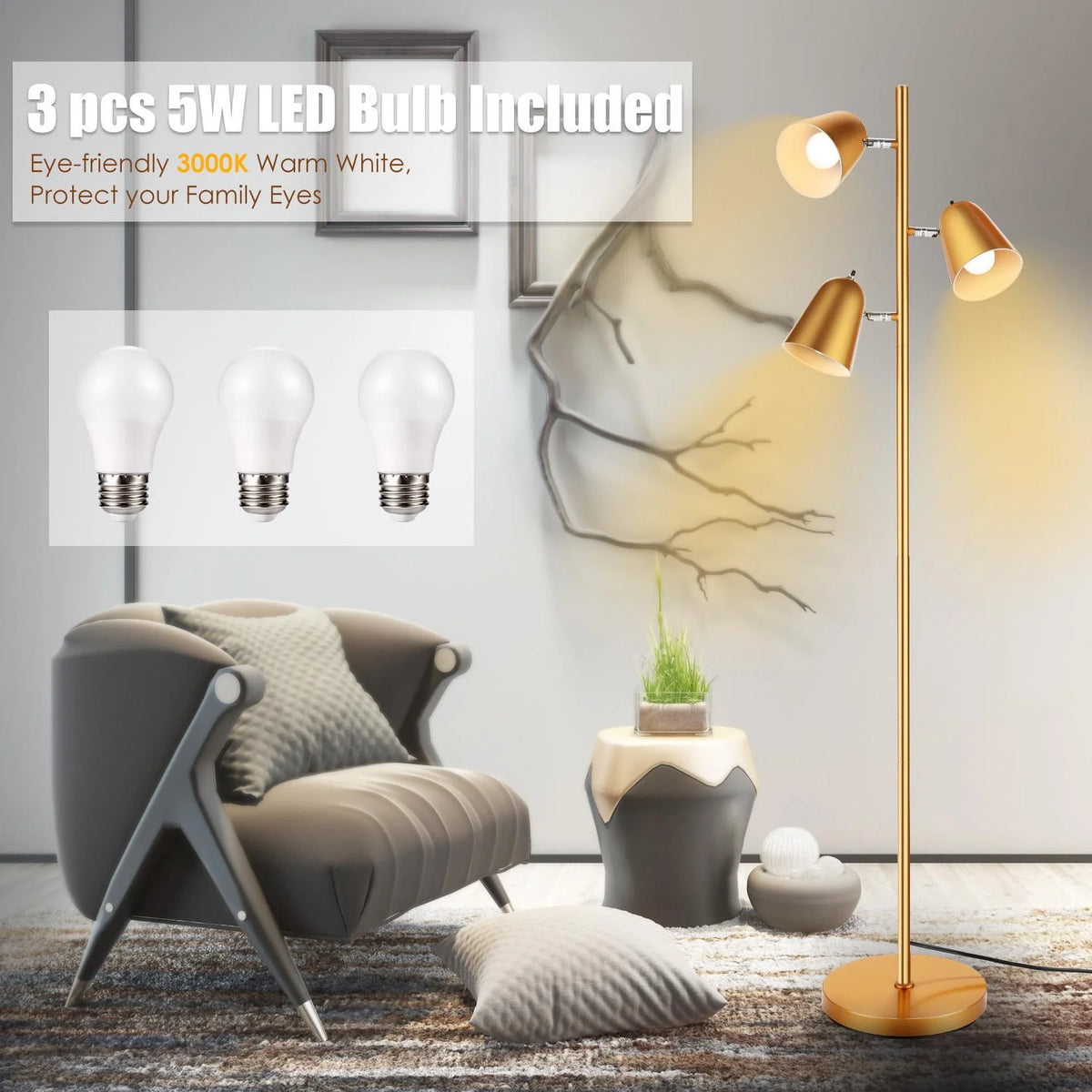 Devo Floor Lamp with 3 LED Edsion Bulb Super Bright Tree Floor Lamps with 360° Adjustable Rotating Shades, Independent Switch Control Reading Light Standing Tall Pole Lamps for Living Room Bedroom