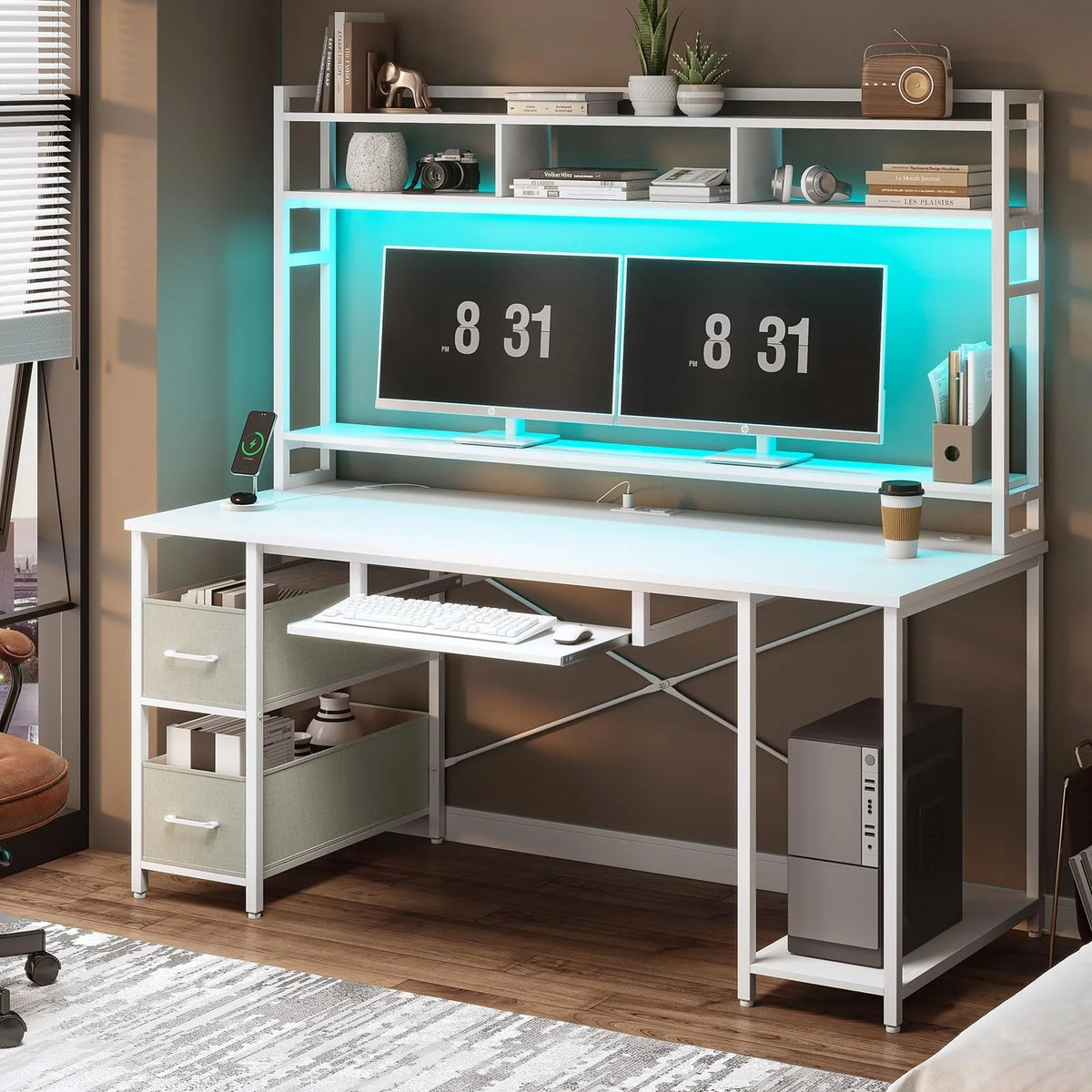 55" Computer Desk with Drawer&Power Outlet, Industrial Home Office Table Gaming Desk PC Study Workstation with Hutch&LED Lights&Adjustable Shelves,White