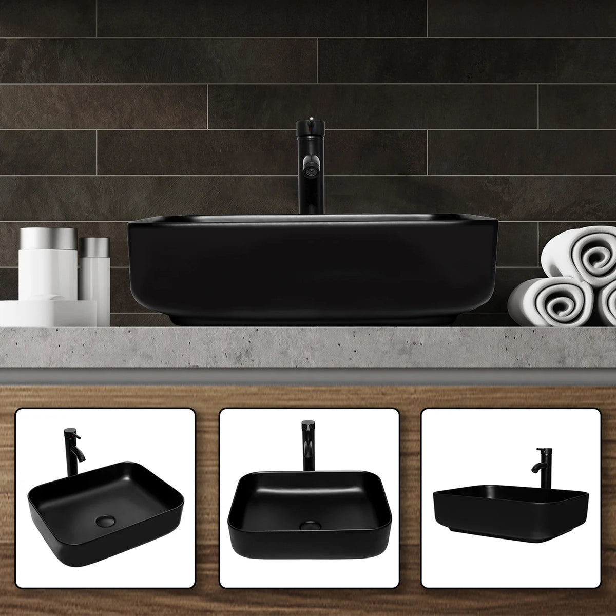 FULLWATT Bathroom Ceramic Sink Vanity Vessel Basin Porcelain Faucet Drain Combo Rectangle,White