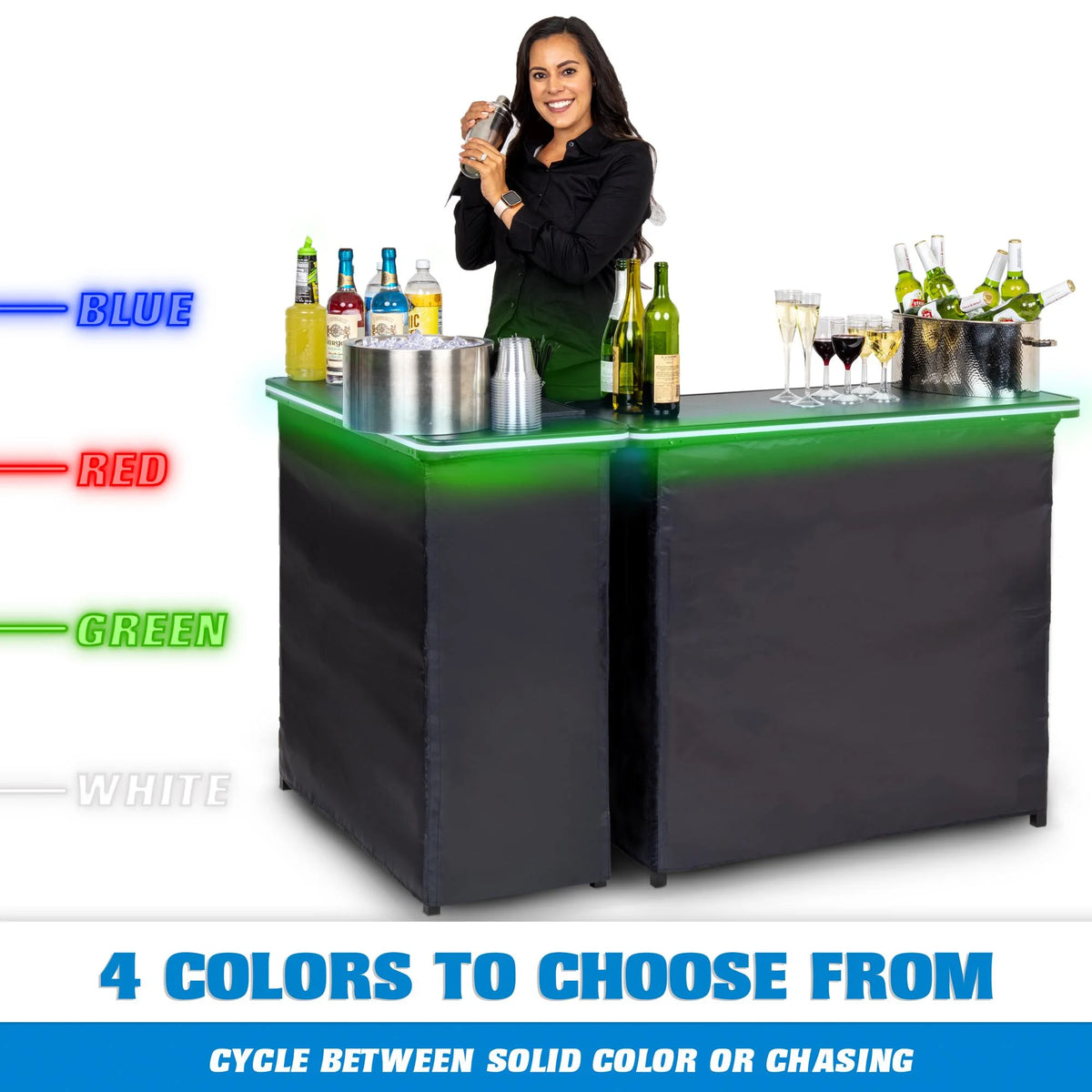 GoBar Portable Double Bar Table Set with Multi-Color LED Lights - Mobile Bartender Station for Events - Includes Carrying Case