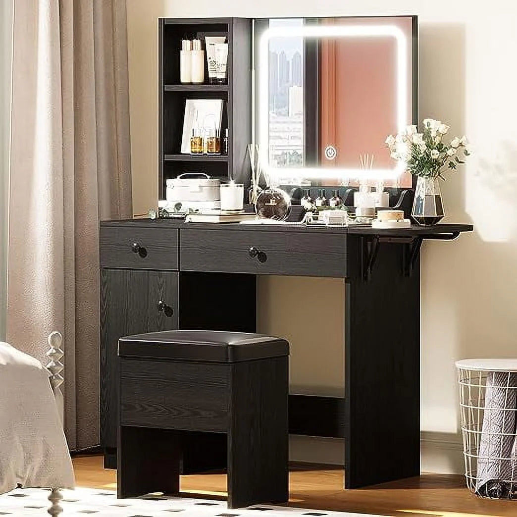 IRONCK Vanity Desk with LED Lighted Mirror & Power Outlet, Makeup Table with Drawers & Cabinet,Storage Stool,for Bedroom, White