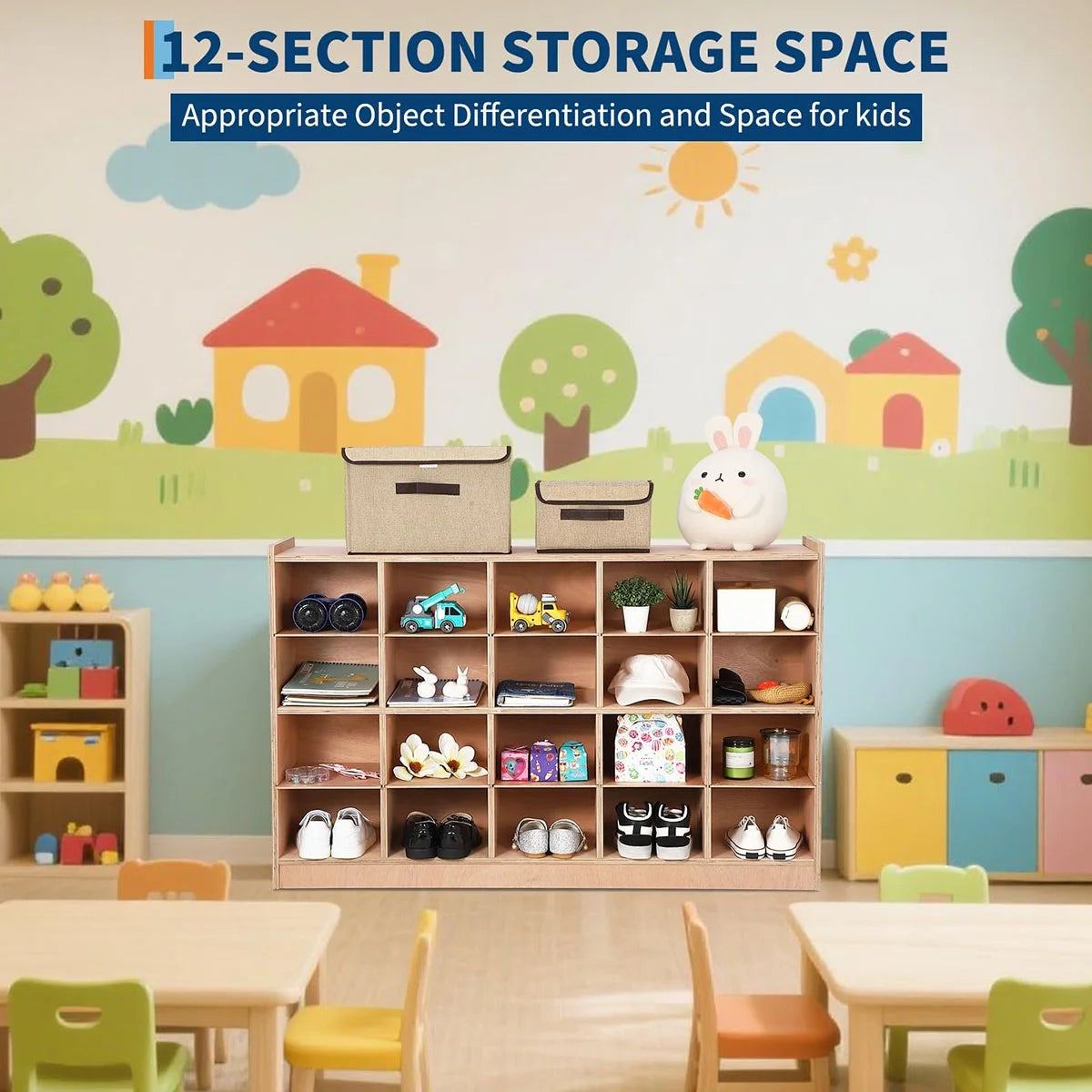 Ataucjin 5-Section Classroom Coat Locker, 20 Cubbies for Classrooms, Daycare Cubby with 4 Casters, 5 Hooks and 2 Storage Boxes, for Home, School, Kindergarten