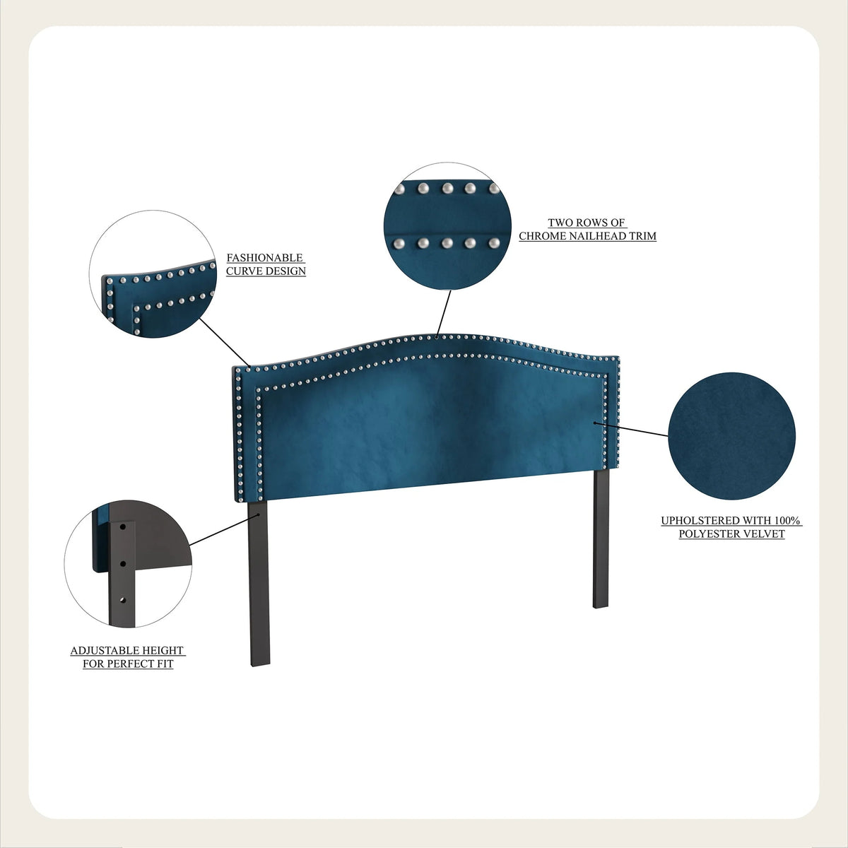 Castle Place Upholstered Nailhead Trimmed Headboard, Navy Blue Velvet, Queen