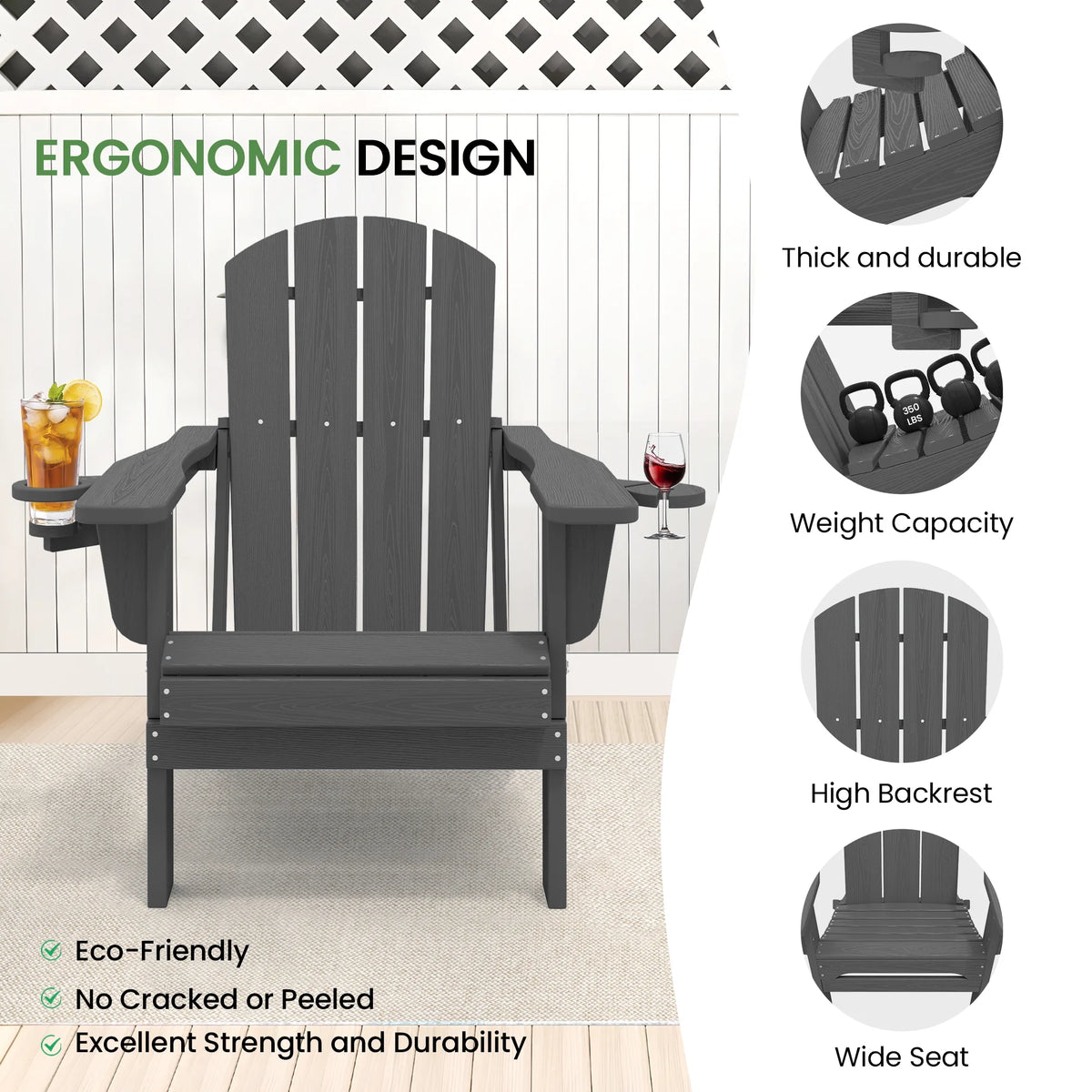 SERWALL Folding Adirondack Chair Set with Dual Cup Holders & Phone Holder, All-Weather HDPE Fire Pit Chairs for Outdoor, Patio, Poolside, Garden - Black