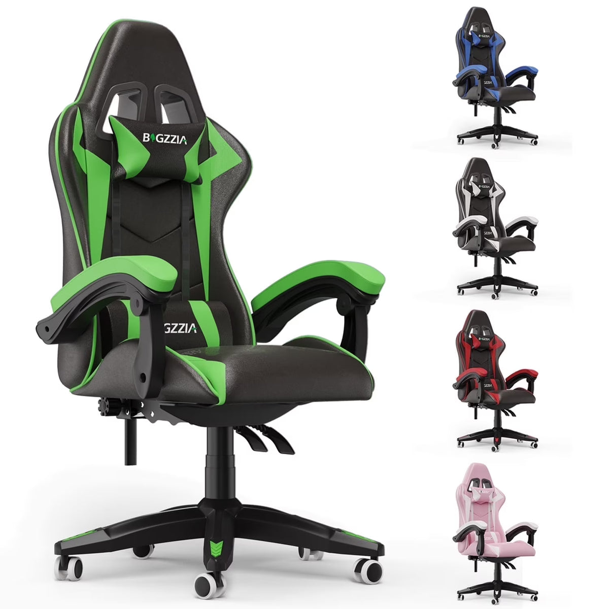 Bigzzia Gaming Chair Office Chair, Ergonomic Game Chair with Height Adjustable Headrest and Lumbar Support for Adults Teens, Black & White